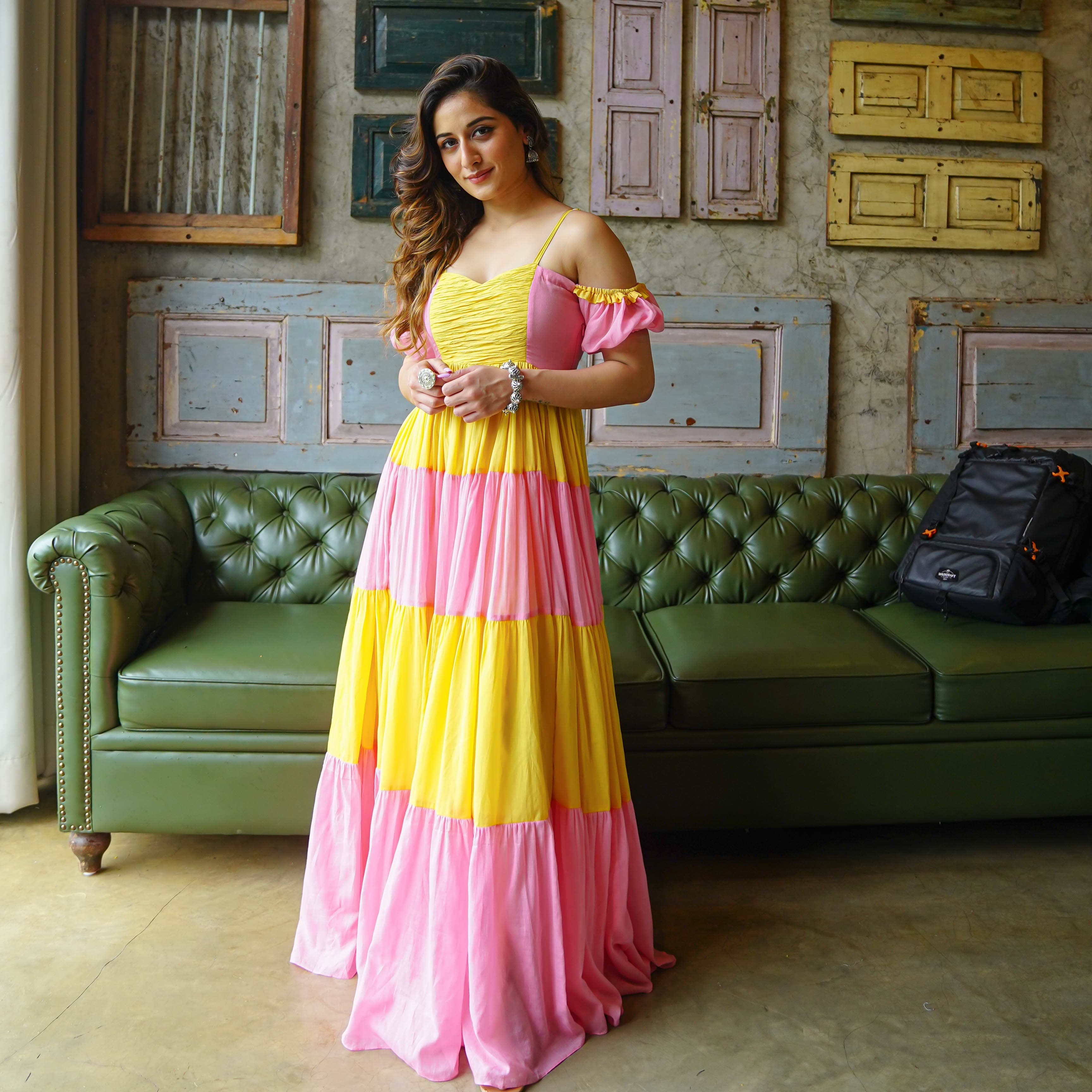 green short sleeve dress shirt Buy Bunaai Amelia Pink and Yellow Cotton Maxi Dress For Women Online