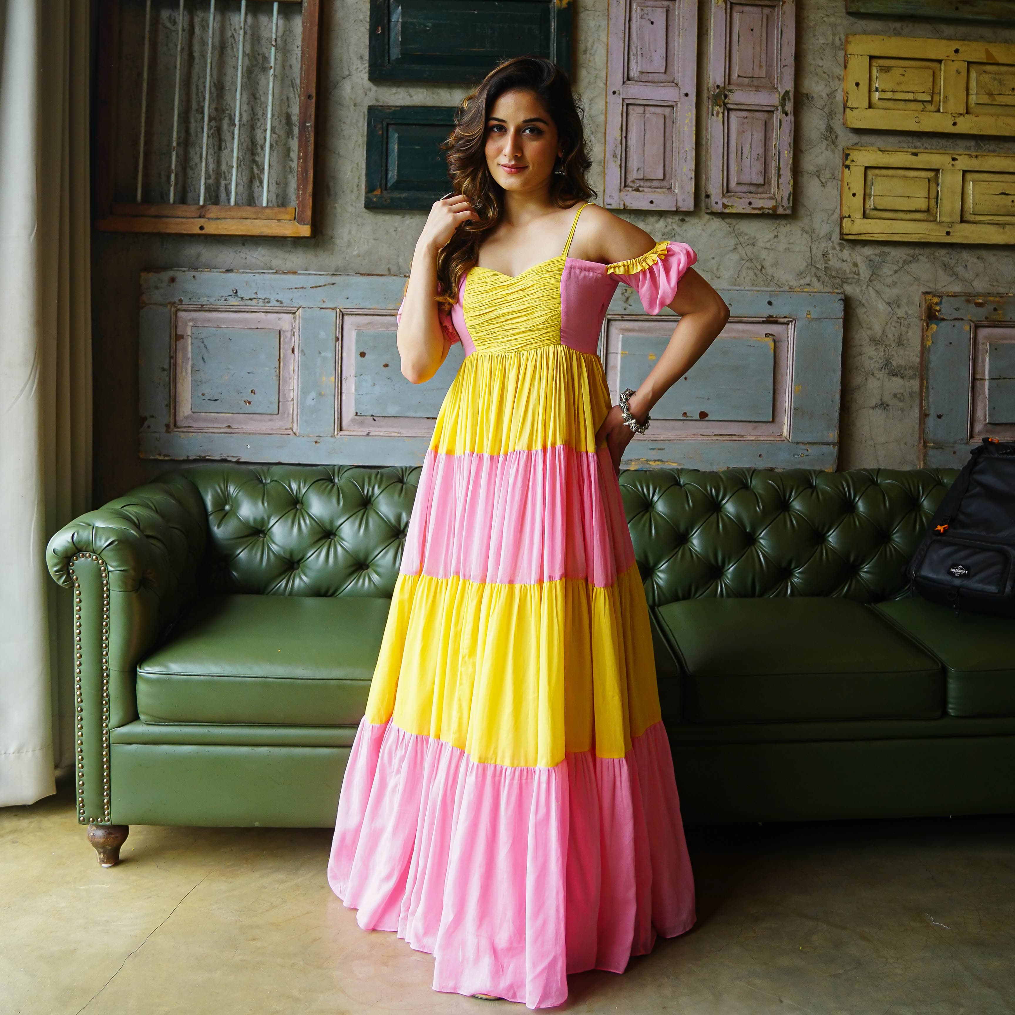 open lace back dress Whimsical Floral Wedding Dress Fairy Yellow & Pink Embroidery Gown wit –  Viniodress main image 1