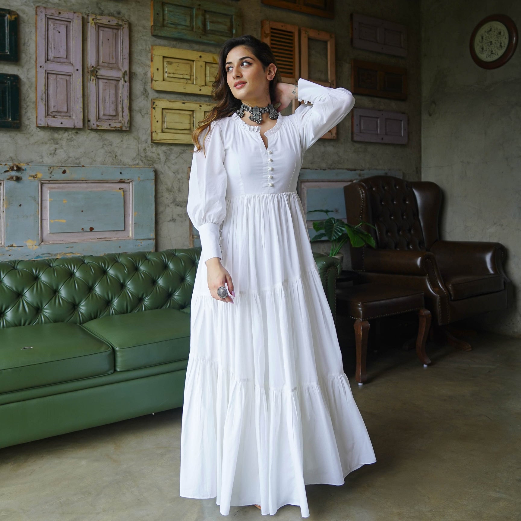 Buy Bunai Women's Pure White Cotton Maxi Dress Online- Bunai