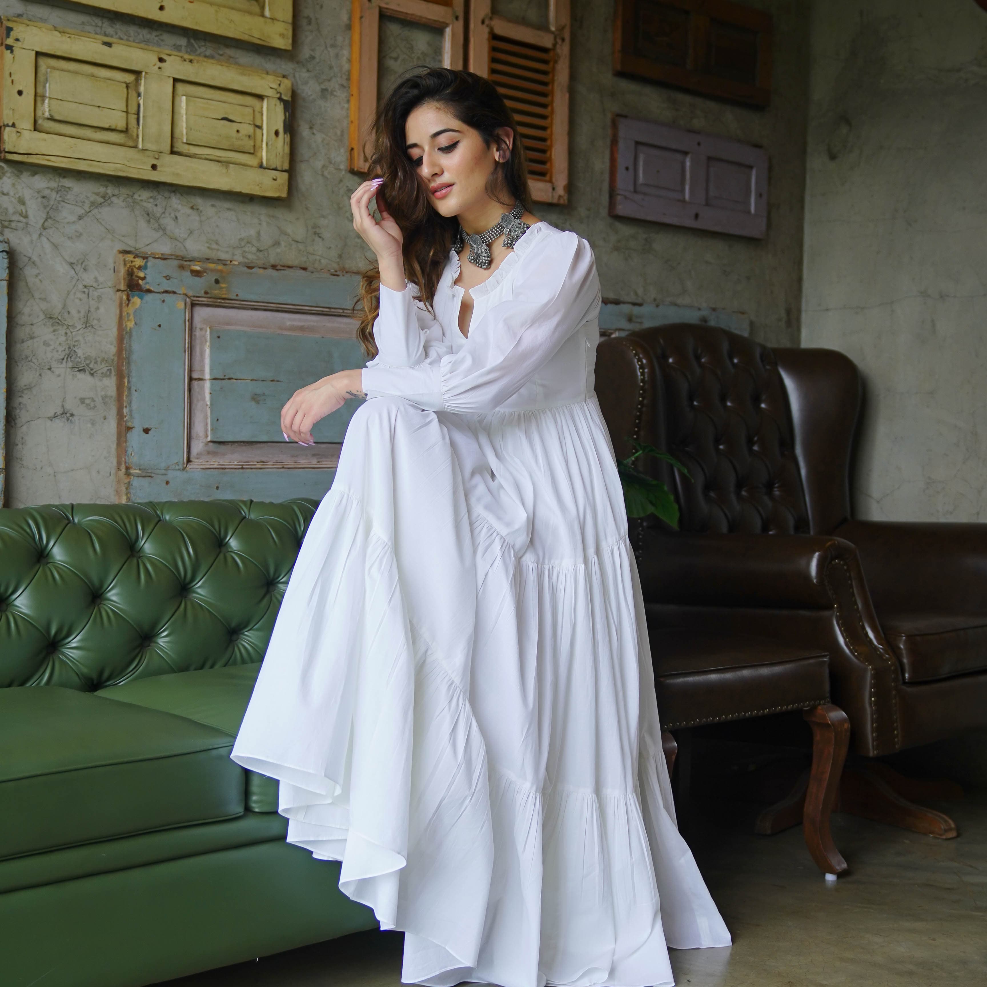 Buy Bunaai Women's Pure White Cotton Maxi Dress Online- Bunaai