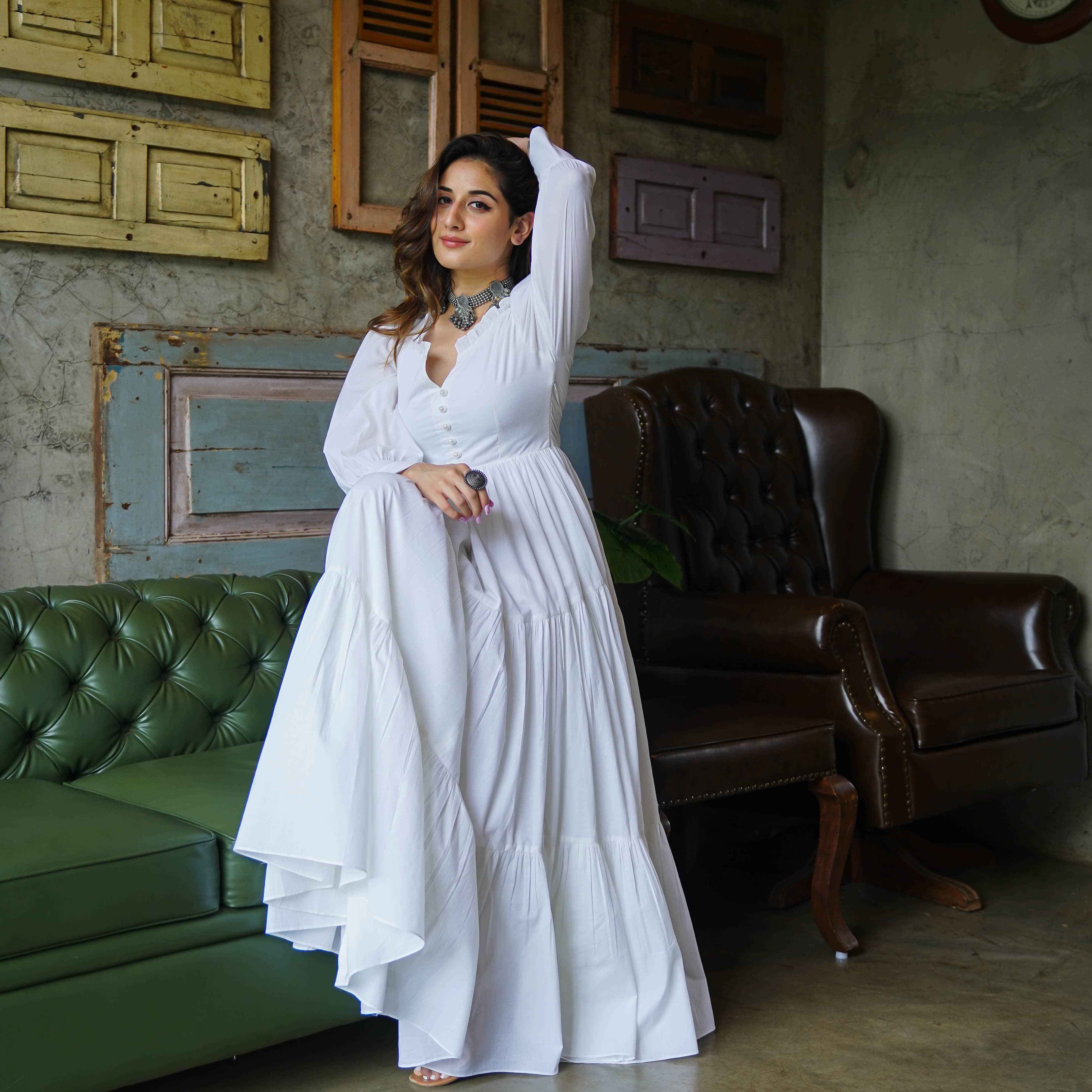 Buy Bunaai Women's Pure White Cotton Maxi Dress Online- Bunaai Buy Bunaai Women's Pure White Cotton Maxi Dress Online- Bunaai