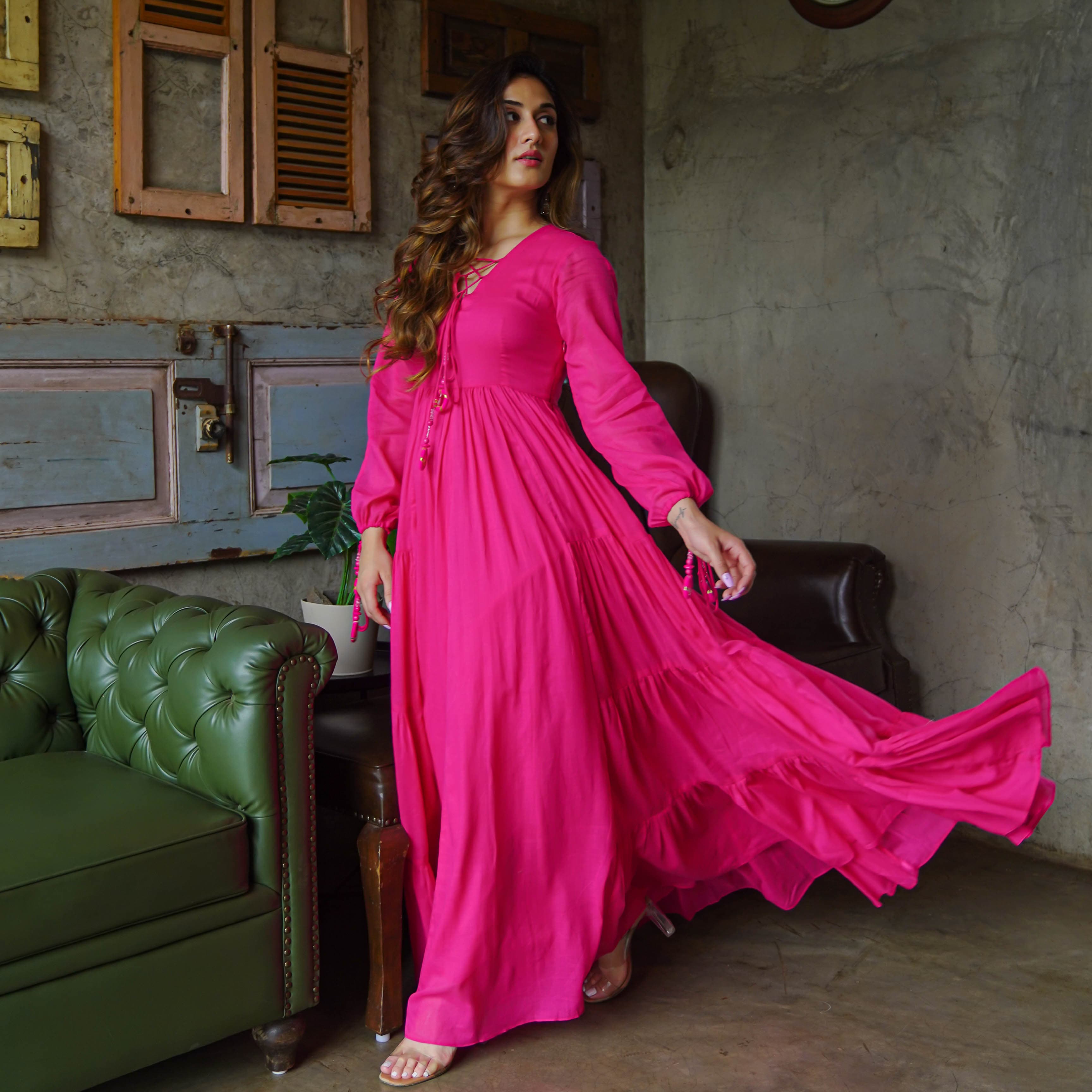 Buy Bunaai Hot Pink Cotton Maxi Anarkali Dress For Women Online Buy Bunaai Hot Pink Cotton Maxi Anarkali Dress For Women Online