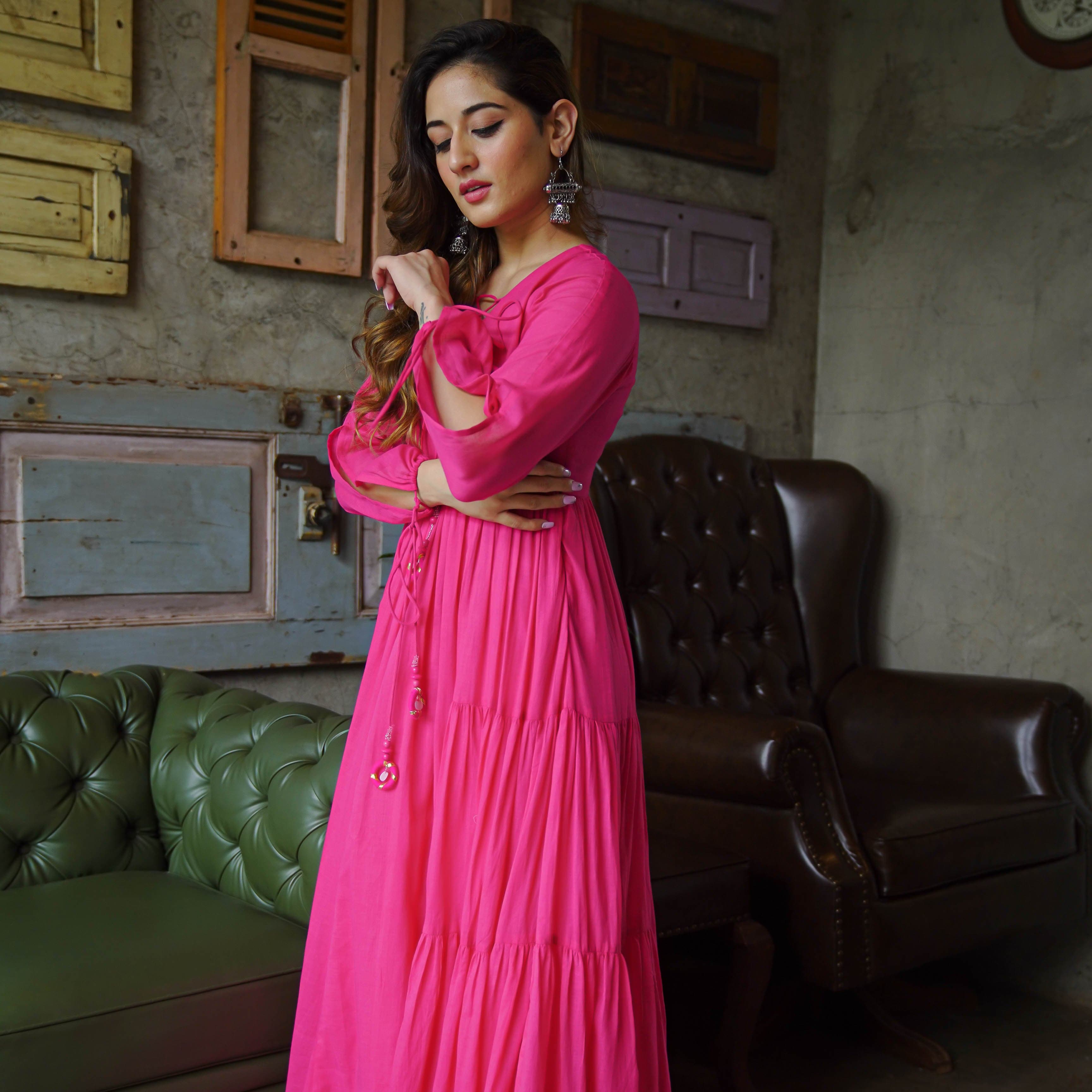 Buy Bunai Hot Pink Cotton Maxi Anarkali Dress For Women Online