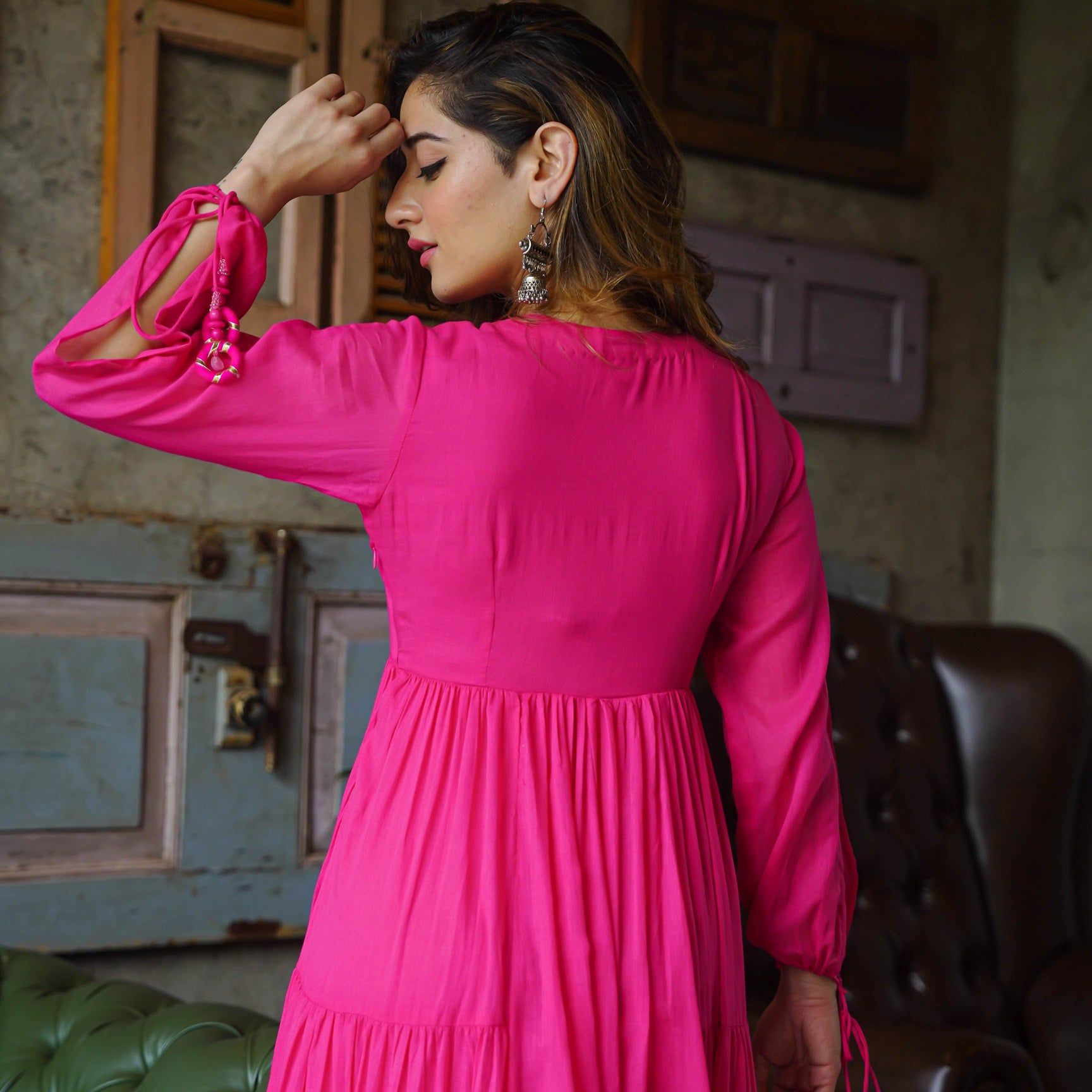 Buy Bunaai Hot Pink Cotton Maxi Anarkali Dress For Women Online