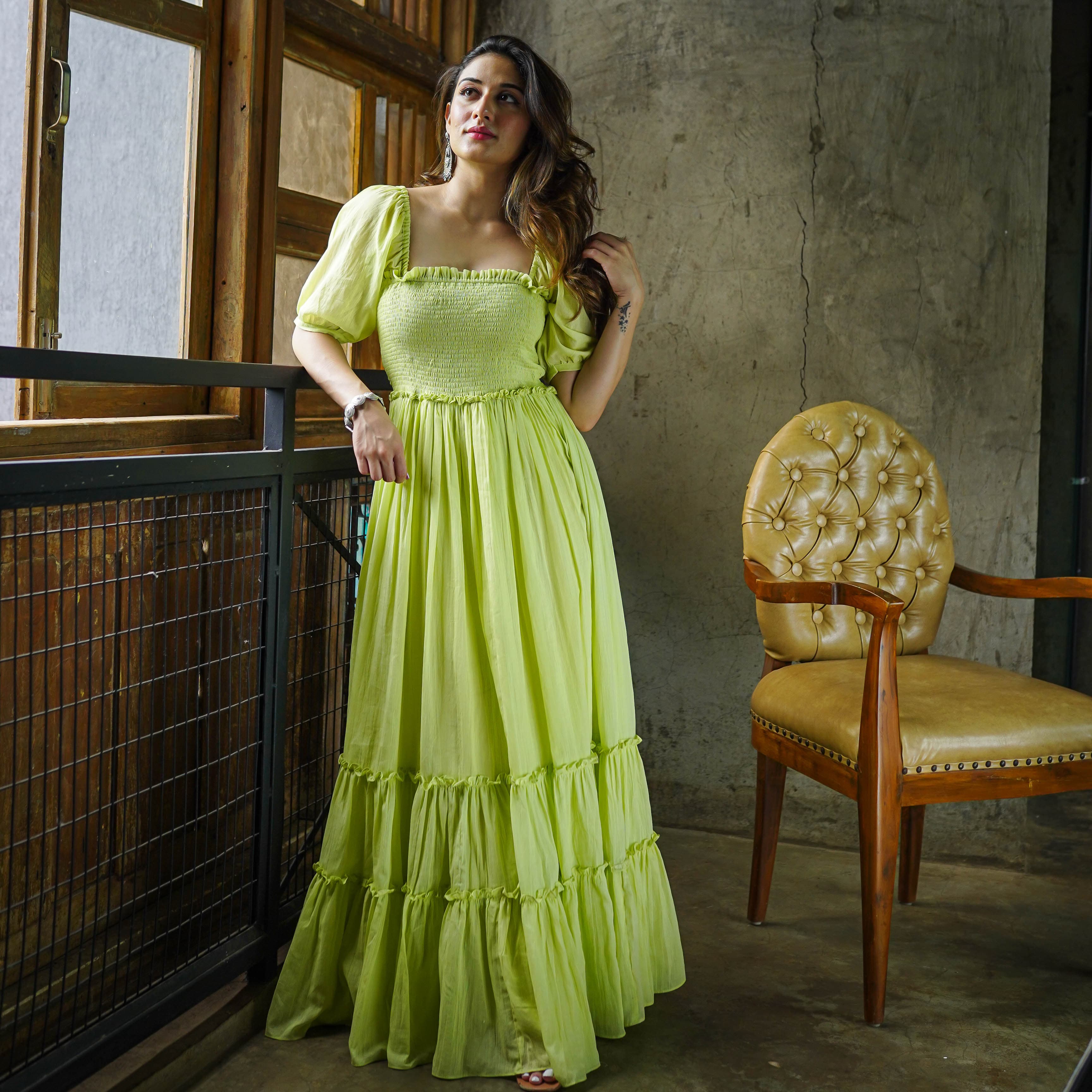 Buy Bunaai Mylah Green Cotton Maxi Dress For Women Online