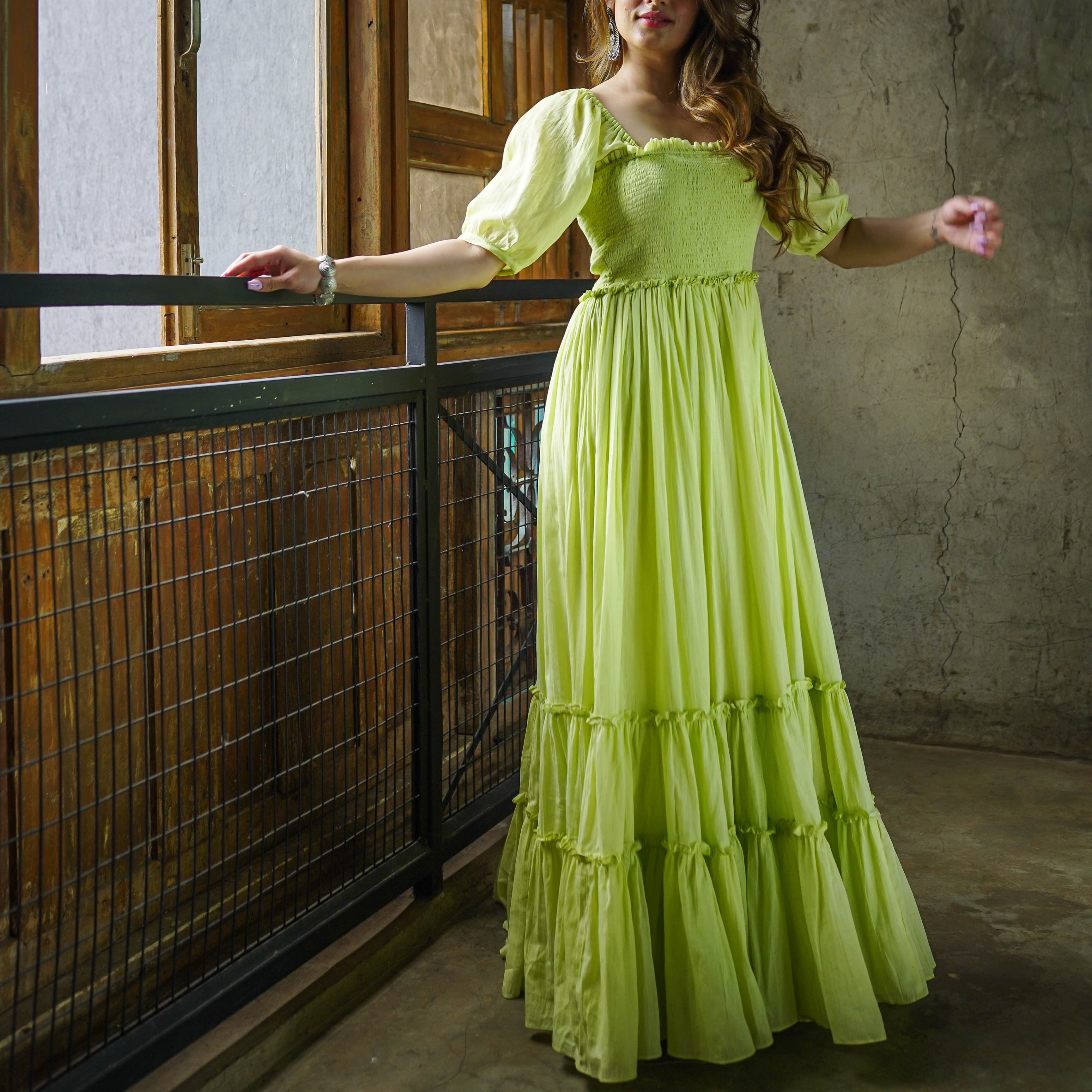 Buy Bunaai Mylah Green Cotton Maxi Dress For Women Online