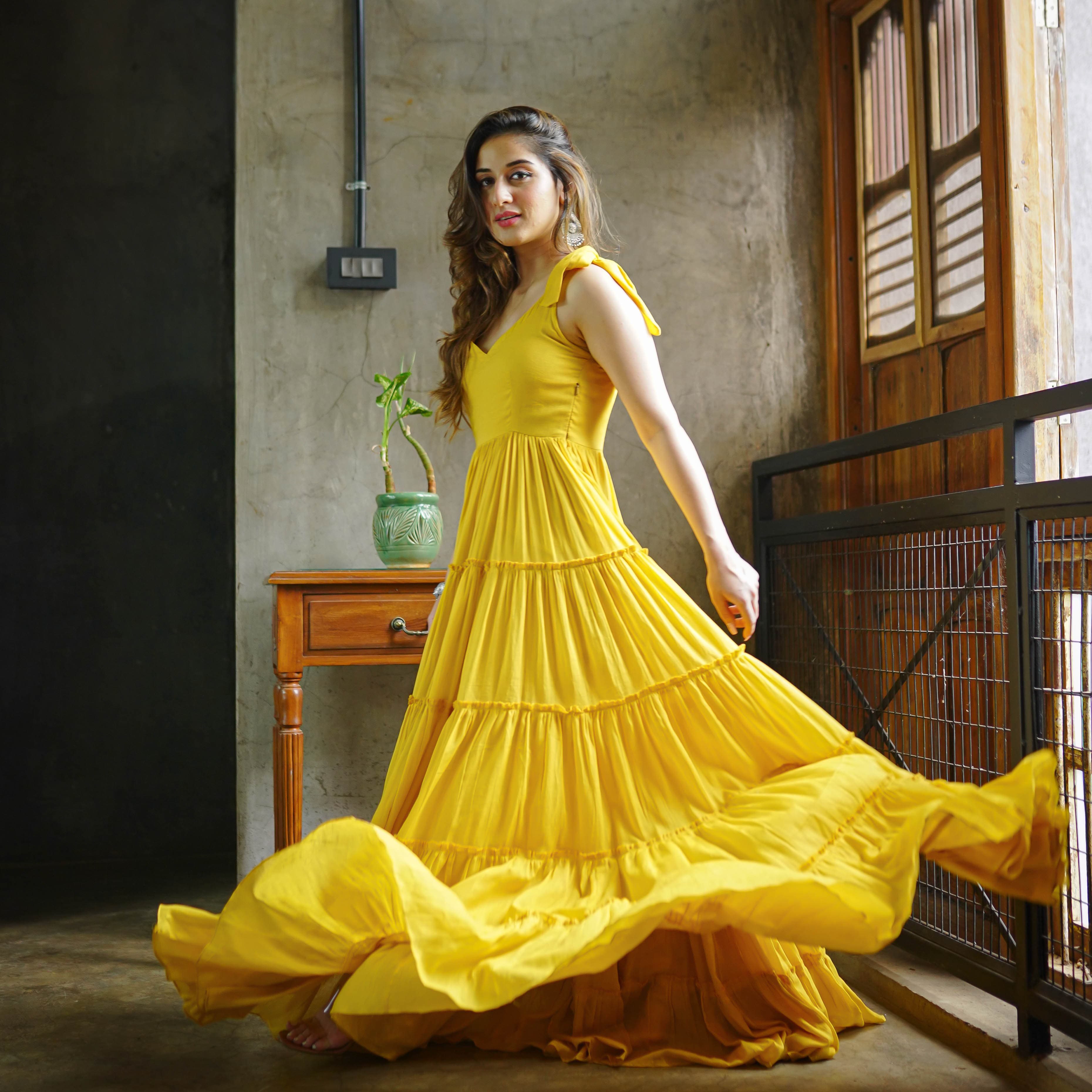 Buy Bunaai Rylee Yellow Cotton Maxi Dress For Women Online
