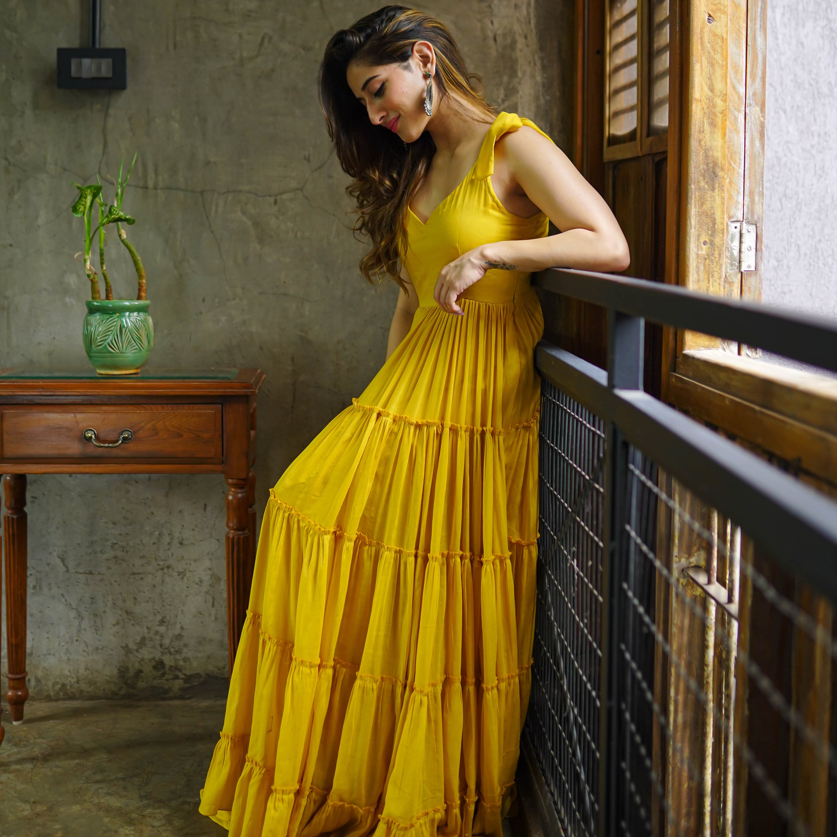 Buy Bunai Rylee Yellow Cotton Maxi Dress For Women Online