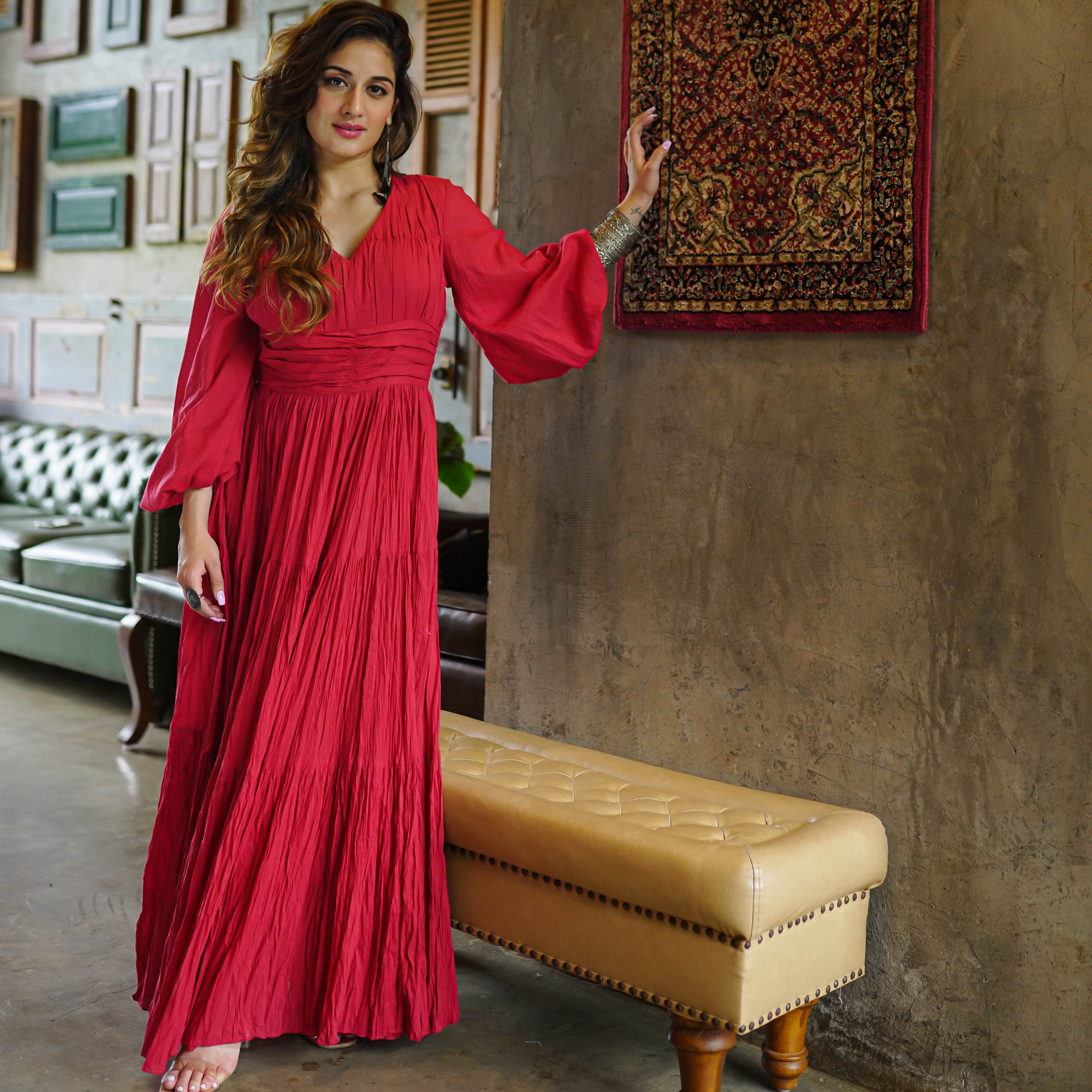 red maxi dress india Buy Bunai Eden Red Long Tier Cotton Maxi Dress For Women Online