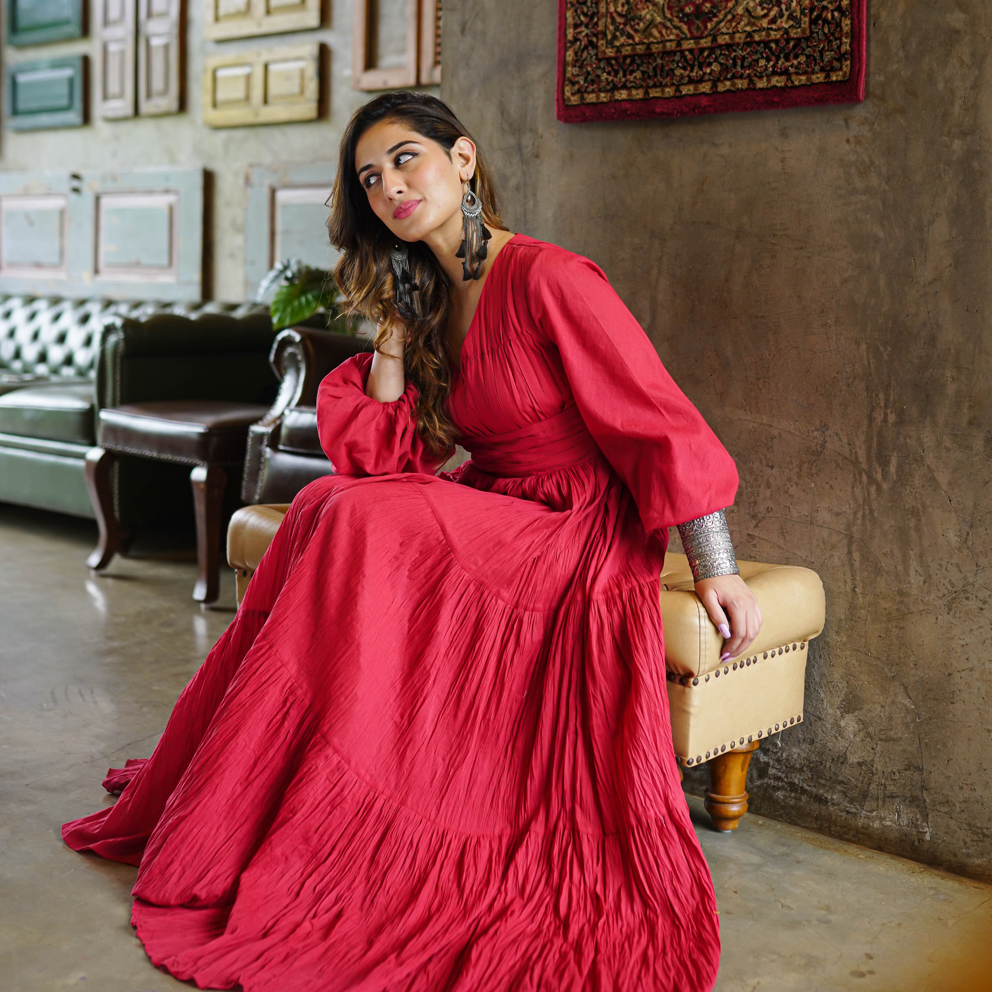 cotton red maxi dress Barn Red Warm Cotton Waffle Fit and Flare Maxi Dress 58" / Custom Height (Free)