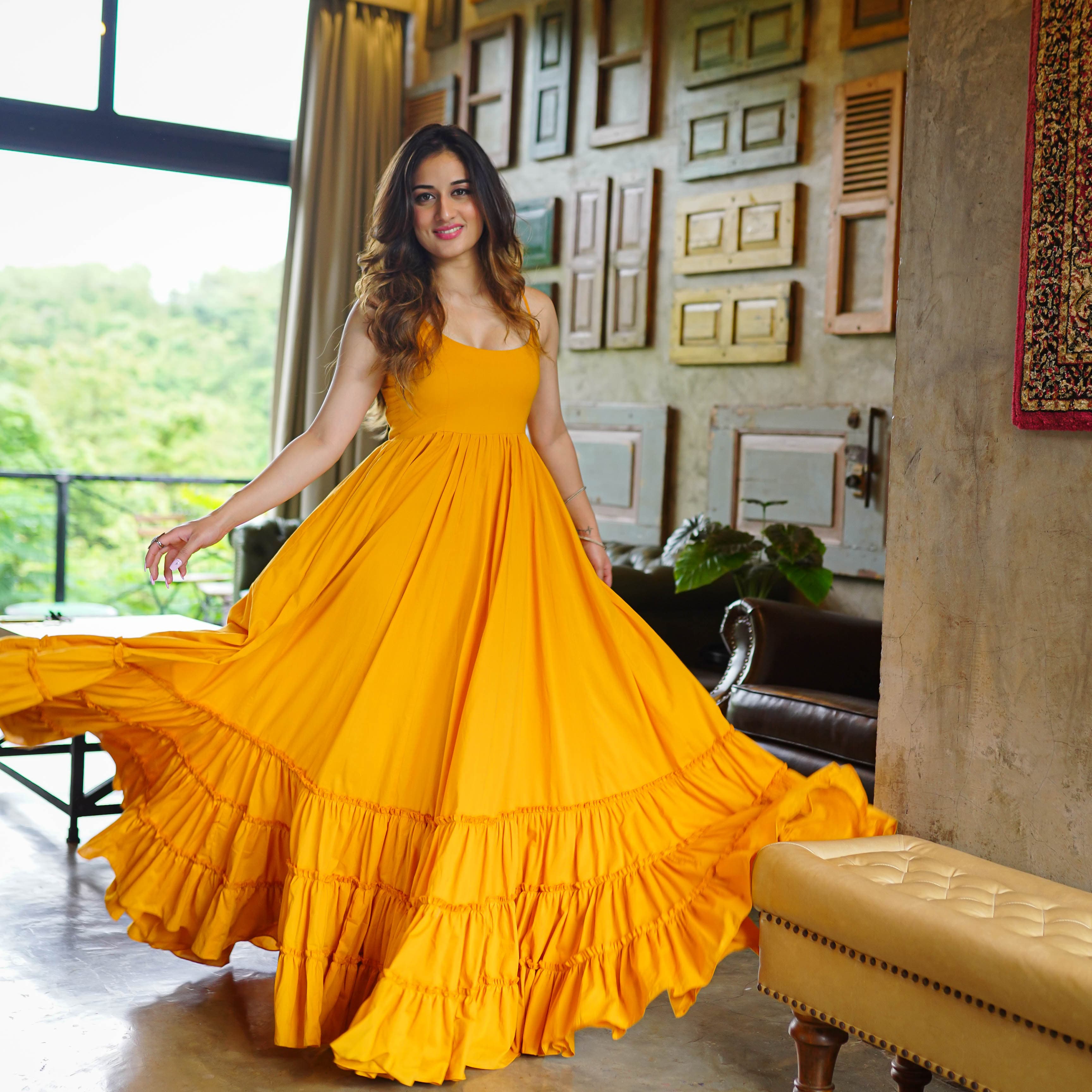 Buy Bunaai Olivia Mustard Cotton Maxi Dress For Women Online