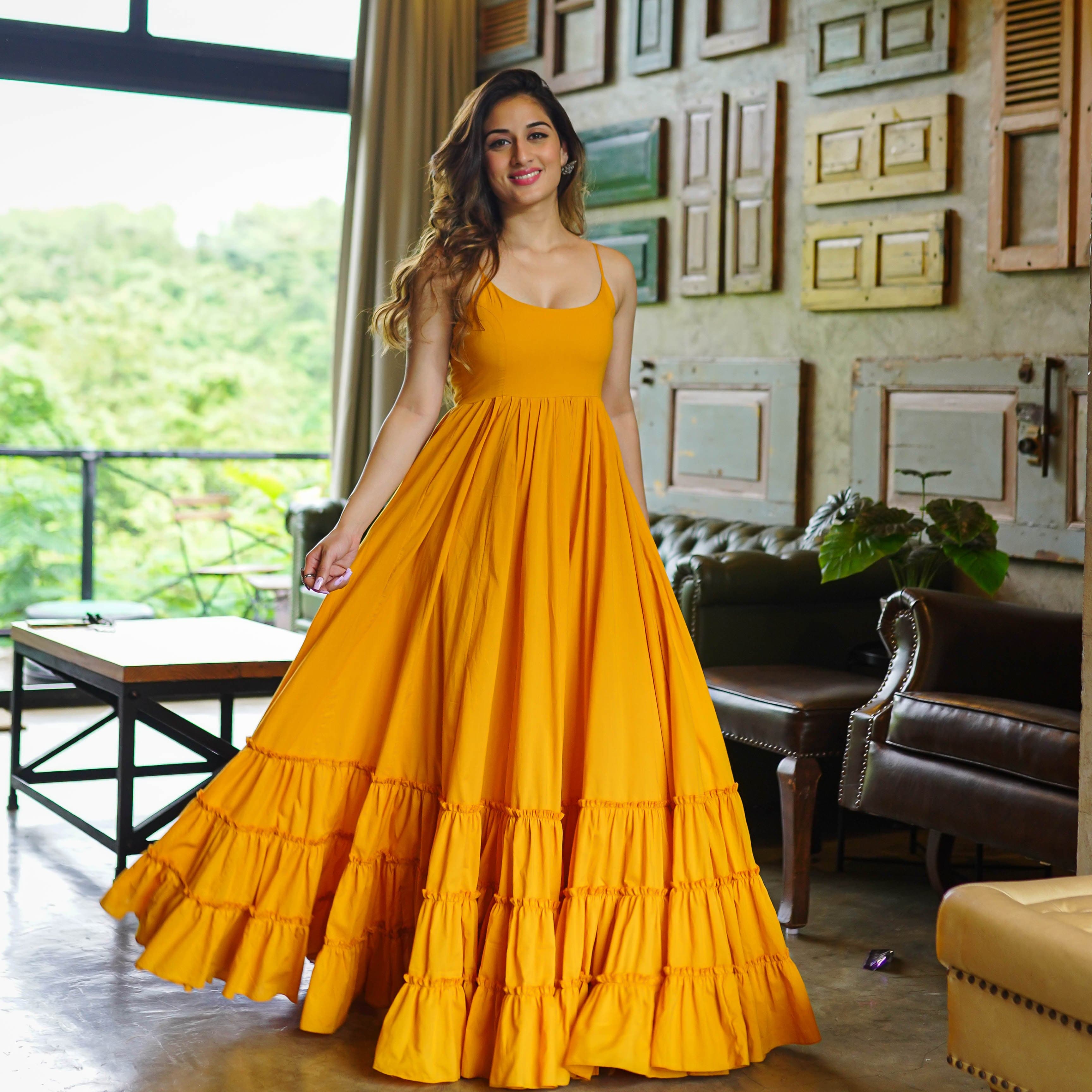 Buy Bunaai Olivia Mustard Cotton Maxi Dress For Women Online