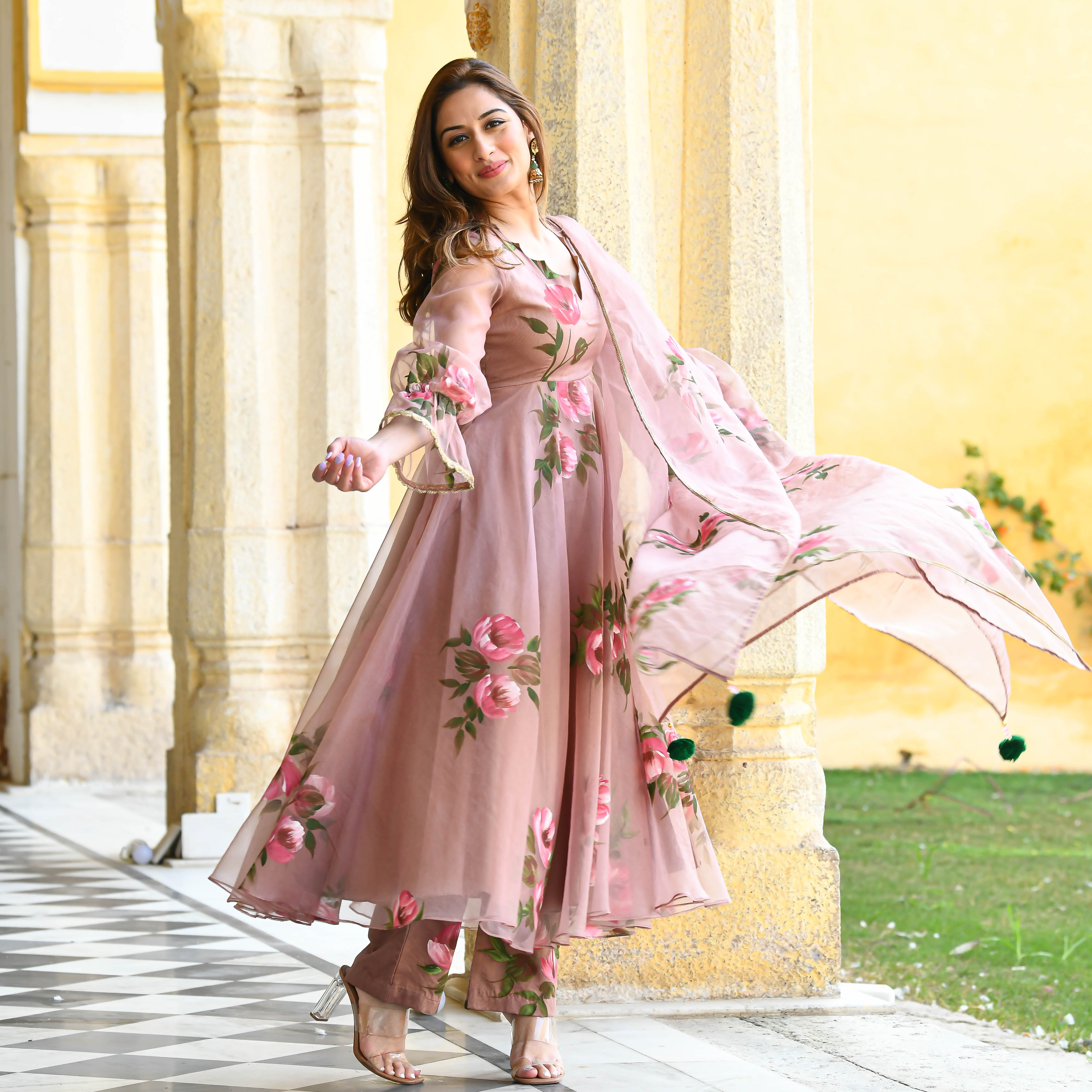 Sweet pink floral handpainted suit set for women online 