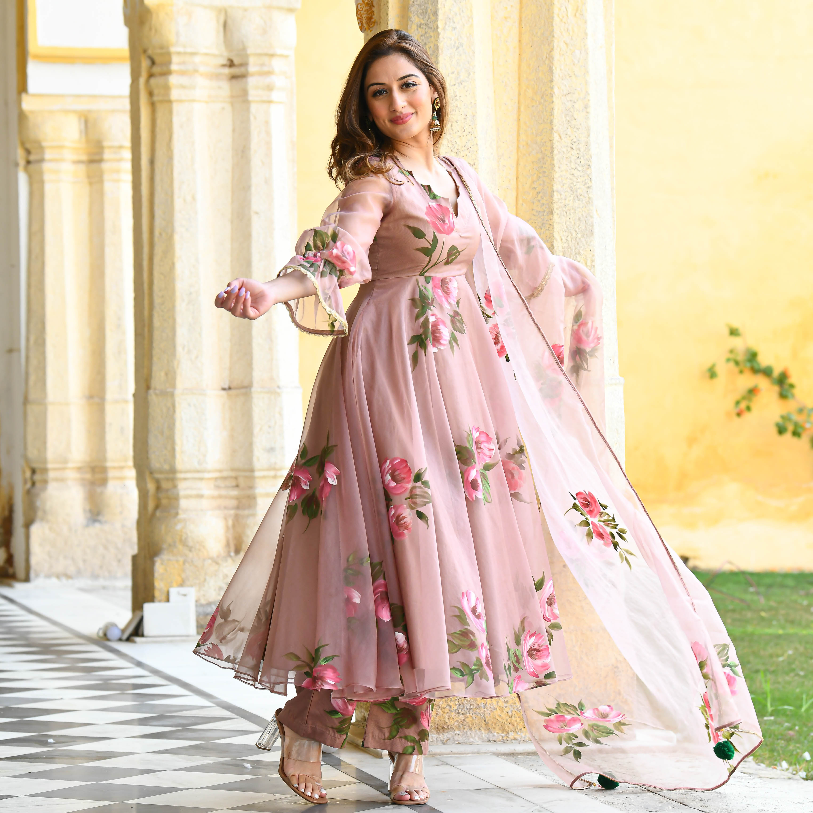 Sweet pink floral handpainted suit set for women online 