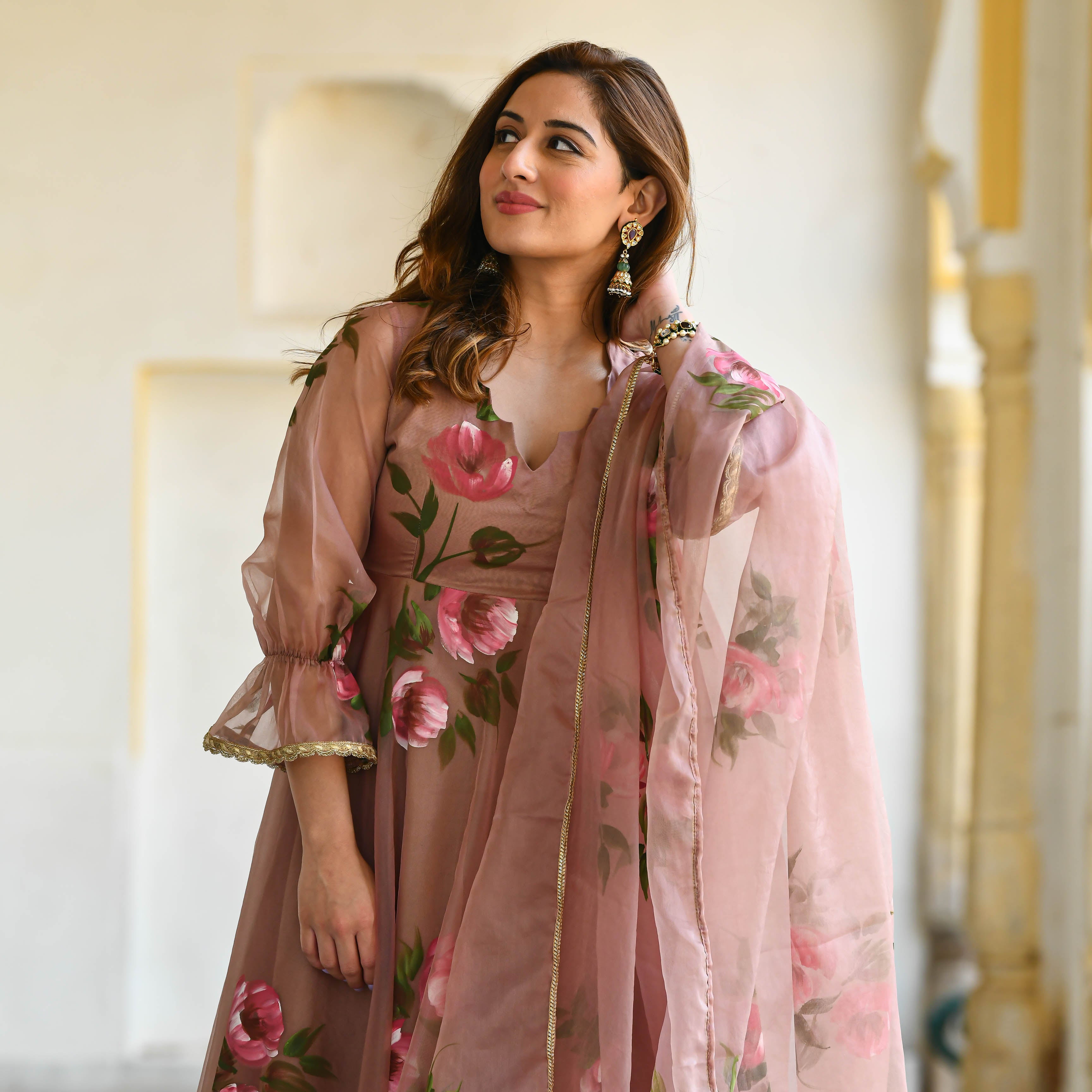 Sweet Pink Designer Handpainted Floral Organza Suit Set For Women Online