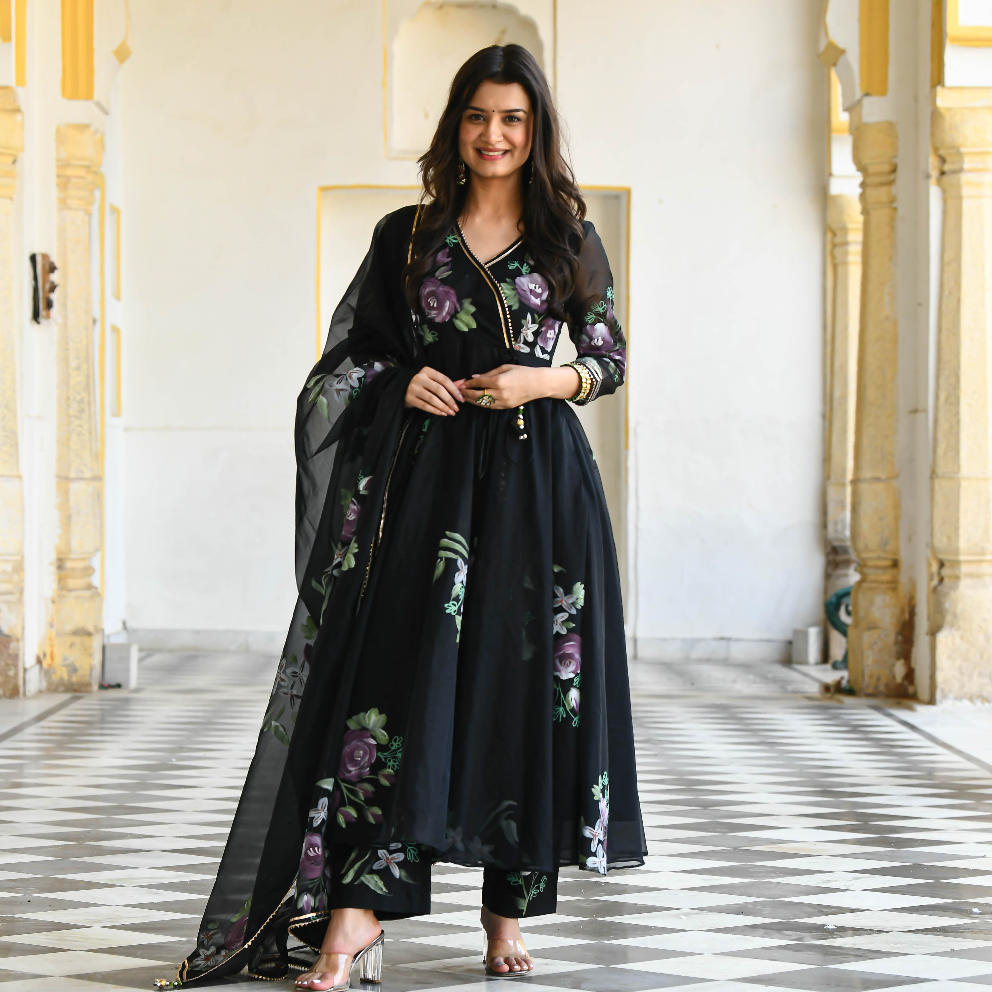 Black floral handpainted suit set for women online 