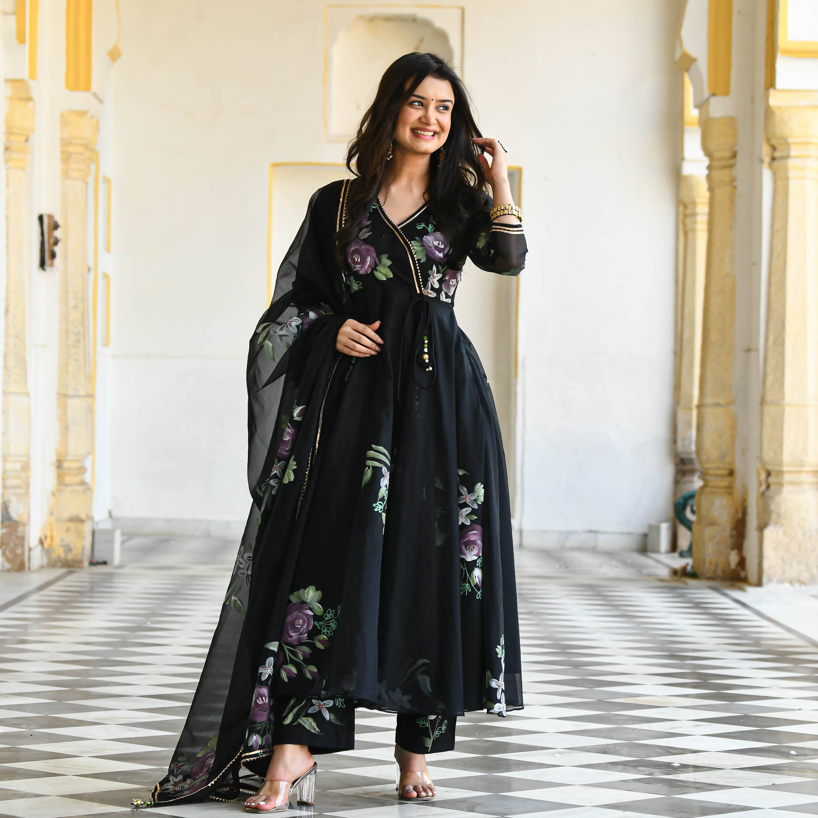 Black floral handpainted suit set for women online 