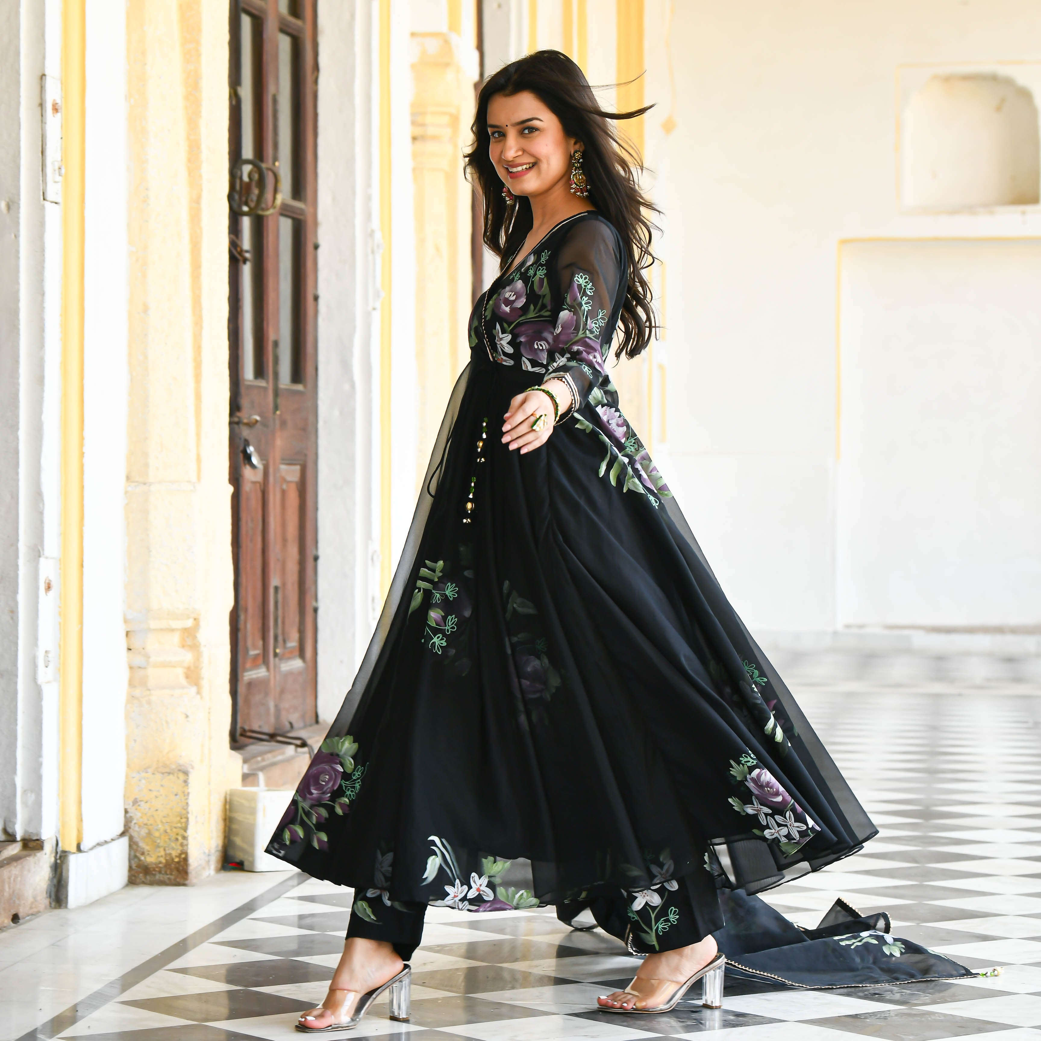 Black Designer Handpainted Floral Organza Suit Set For Women Online