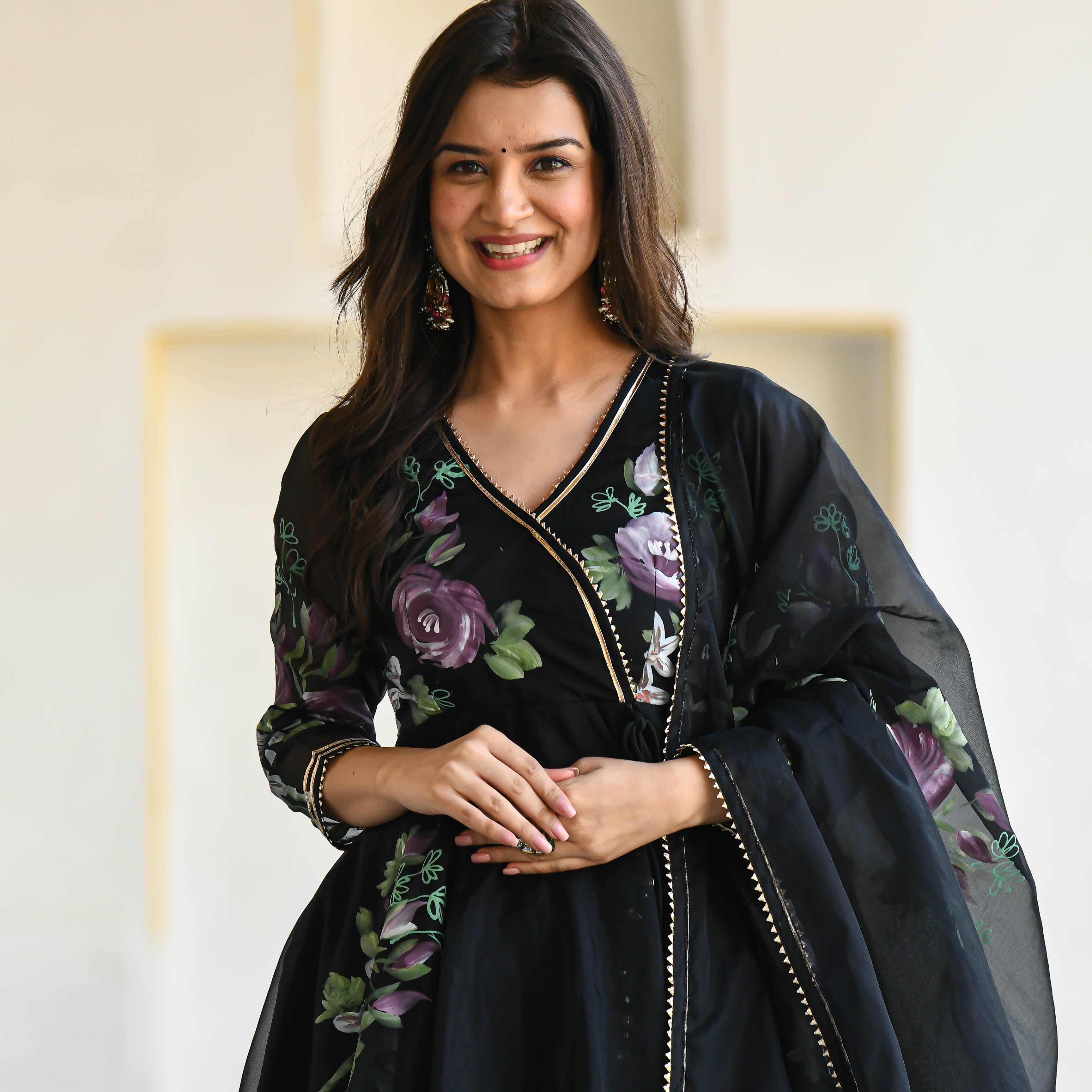 Black Designer Handpainted Floral Organza Suit Set For Women Online