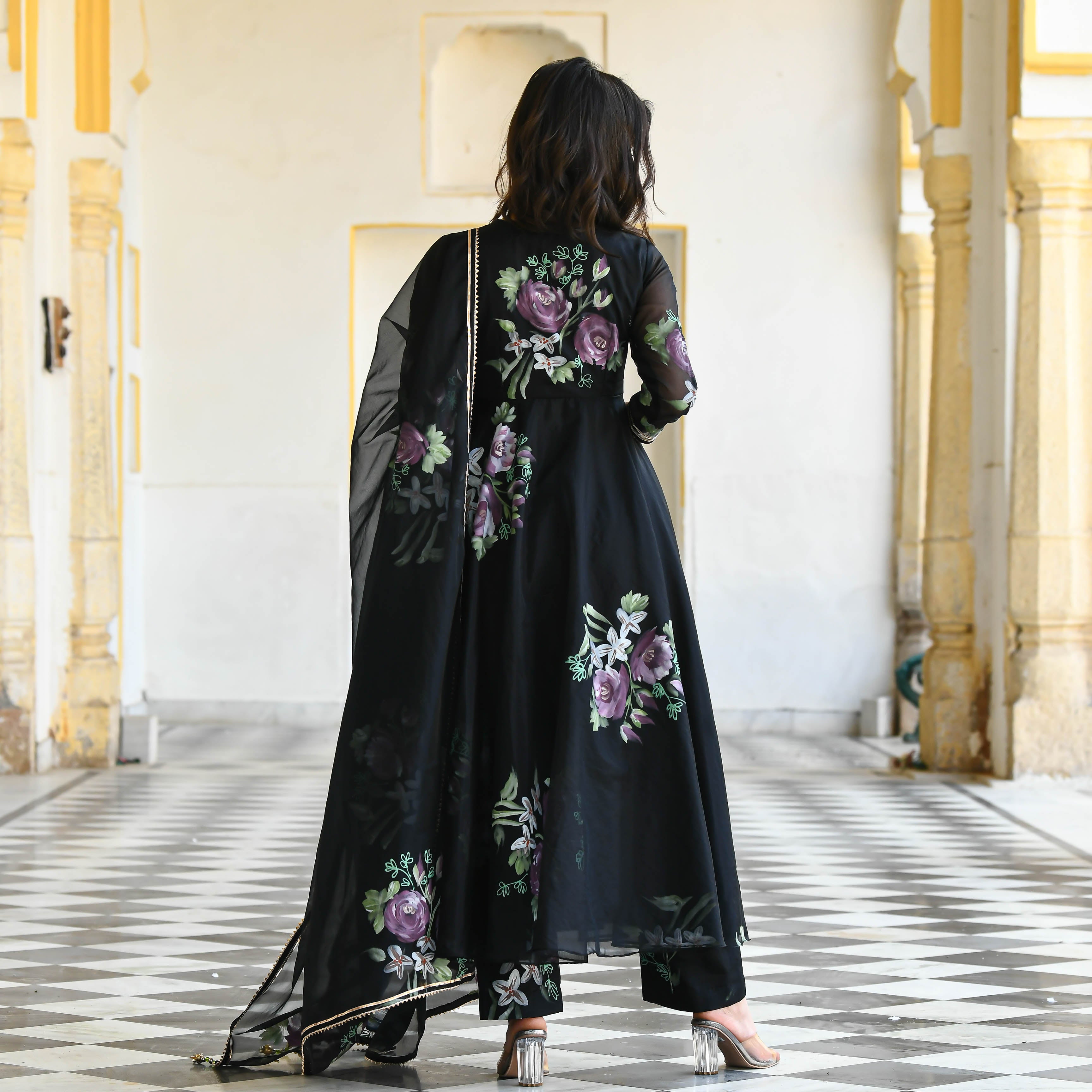 Black floral handpainted suit set for women online 