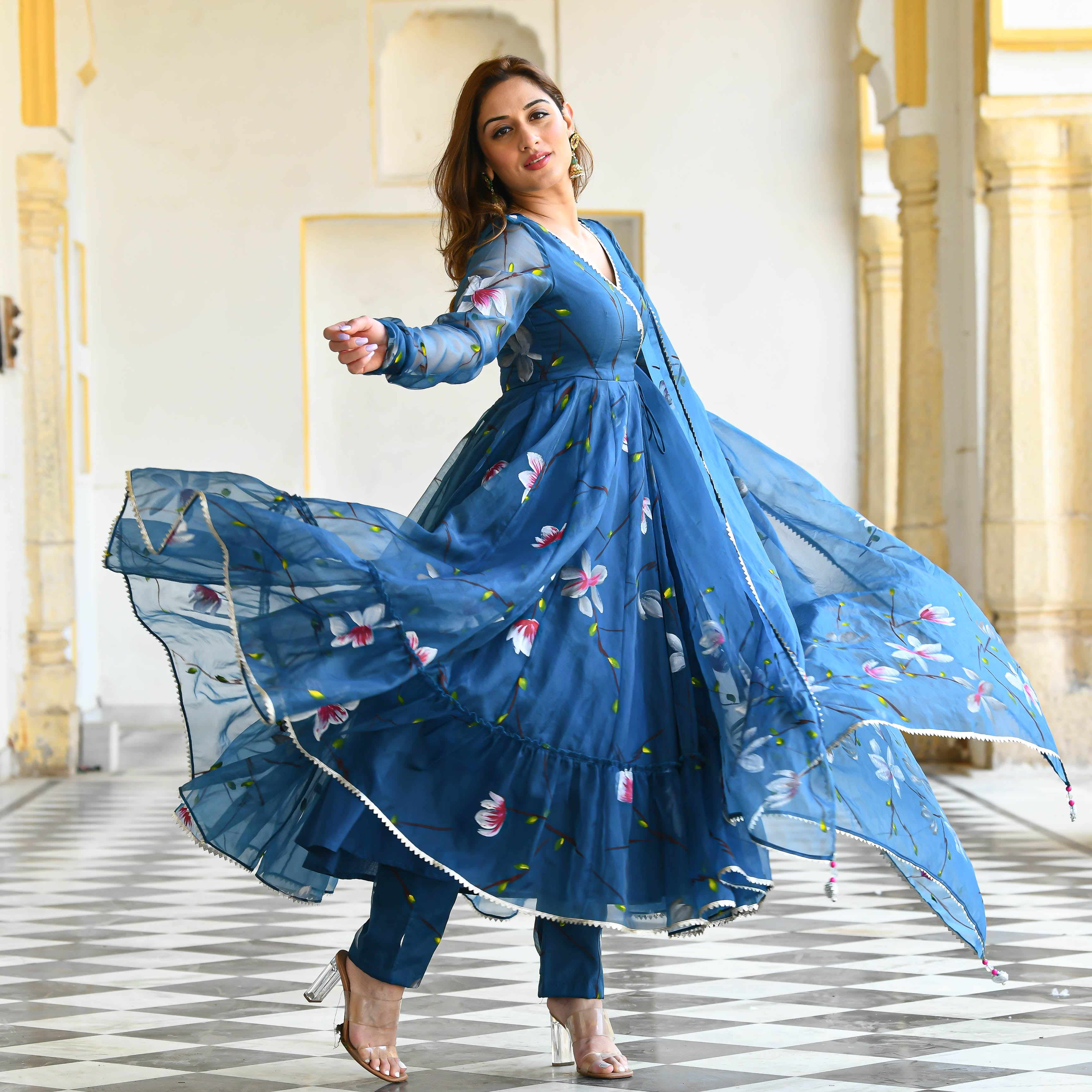 Blueish Handpainted Floral suit set for women online 