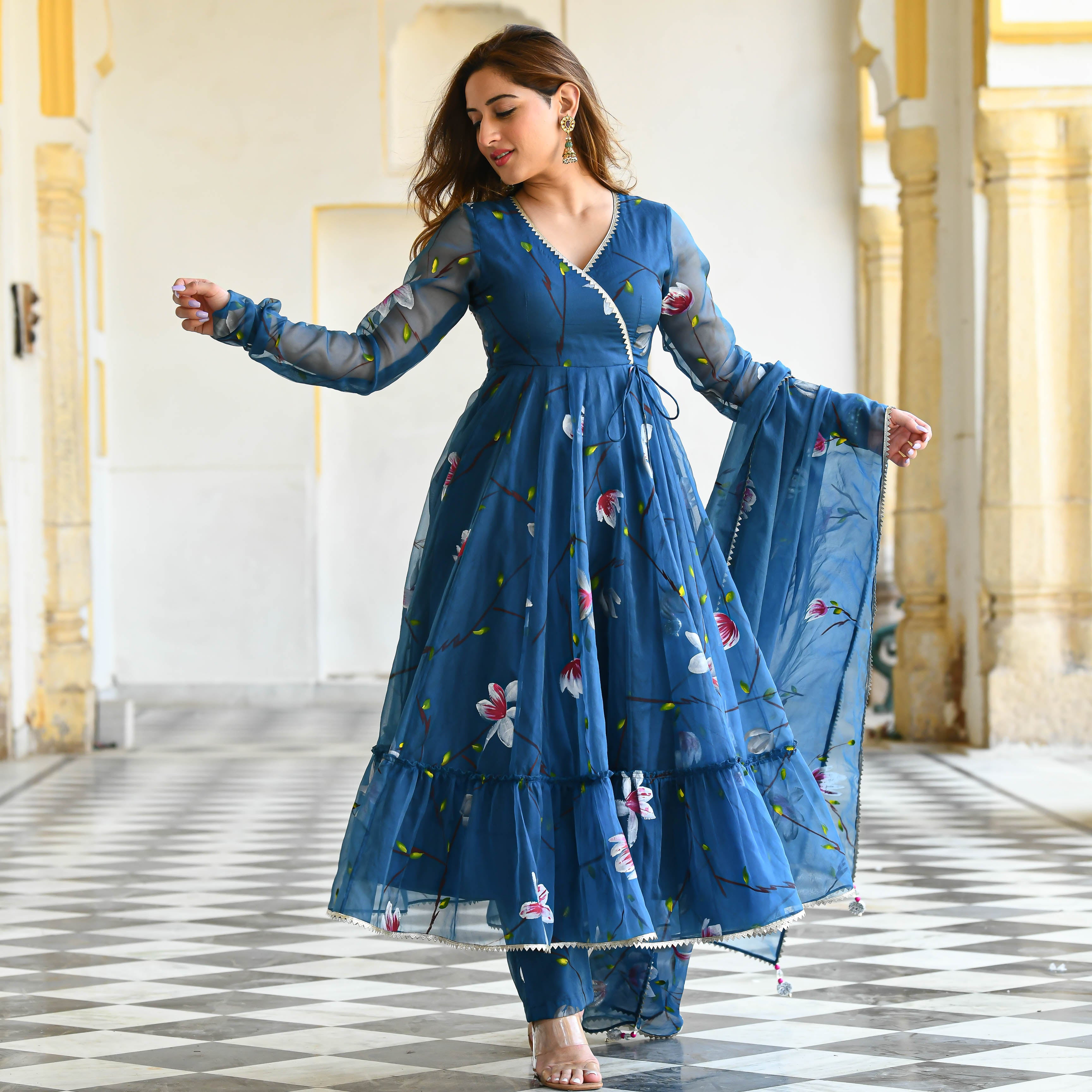 floral organza dresses indian Organza Multi-Color Long Maxi Dress Indian Rani