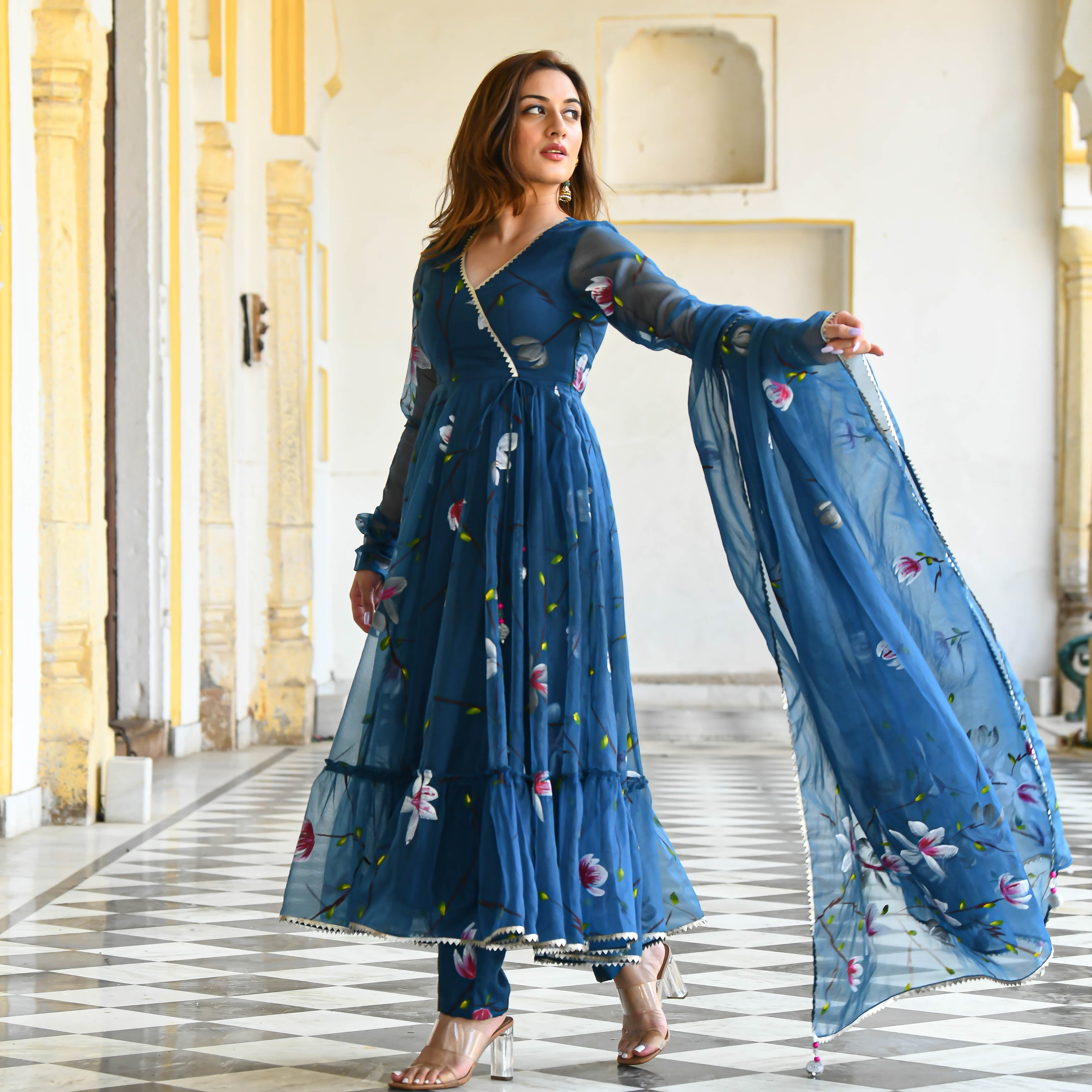 Blueish Handpainted Floral suit set for women online 