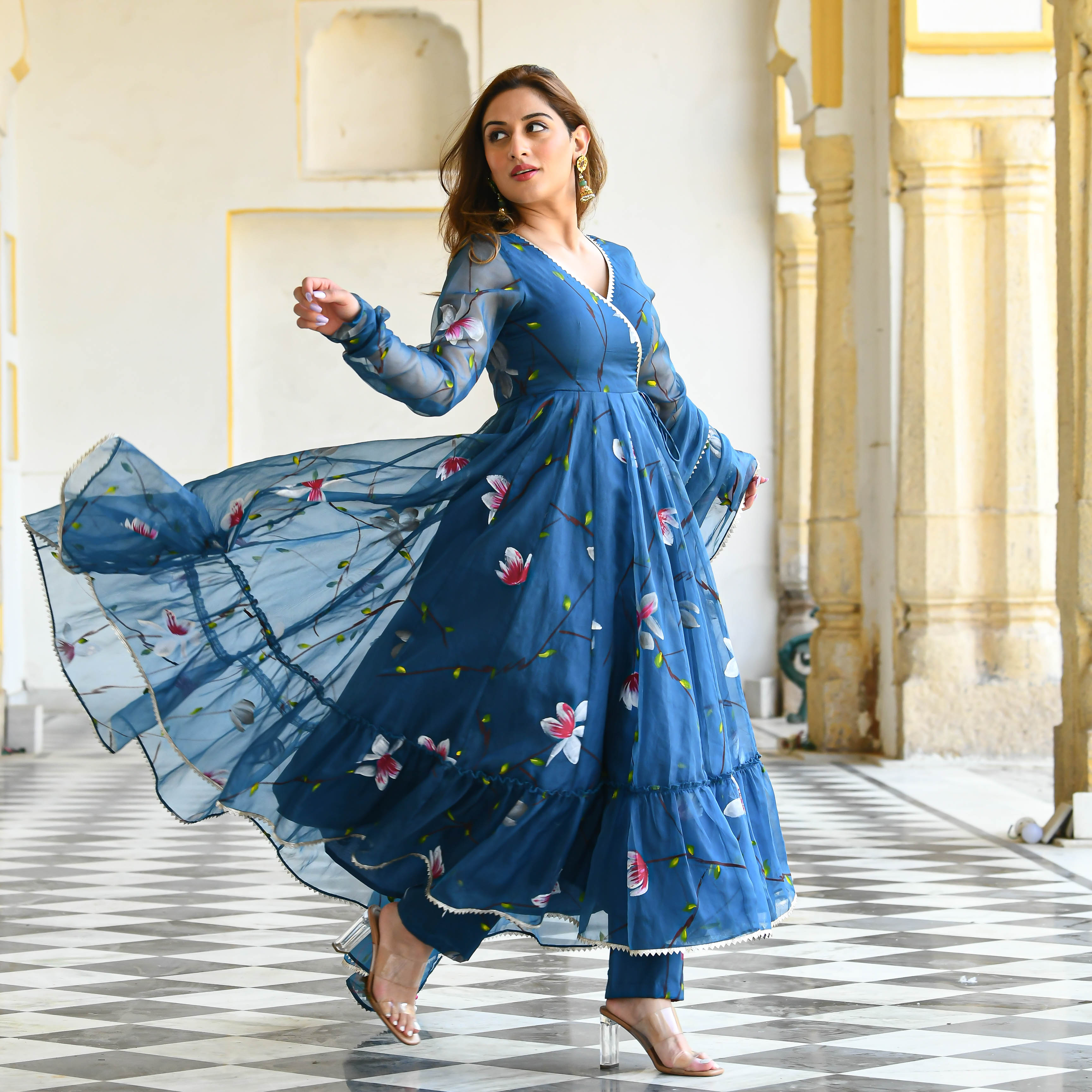 Blueish Handpainted Floral suit set for women online 