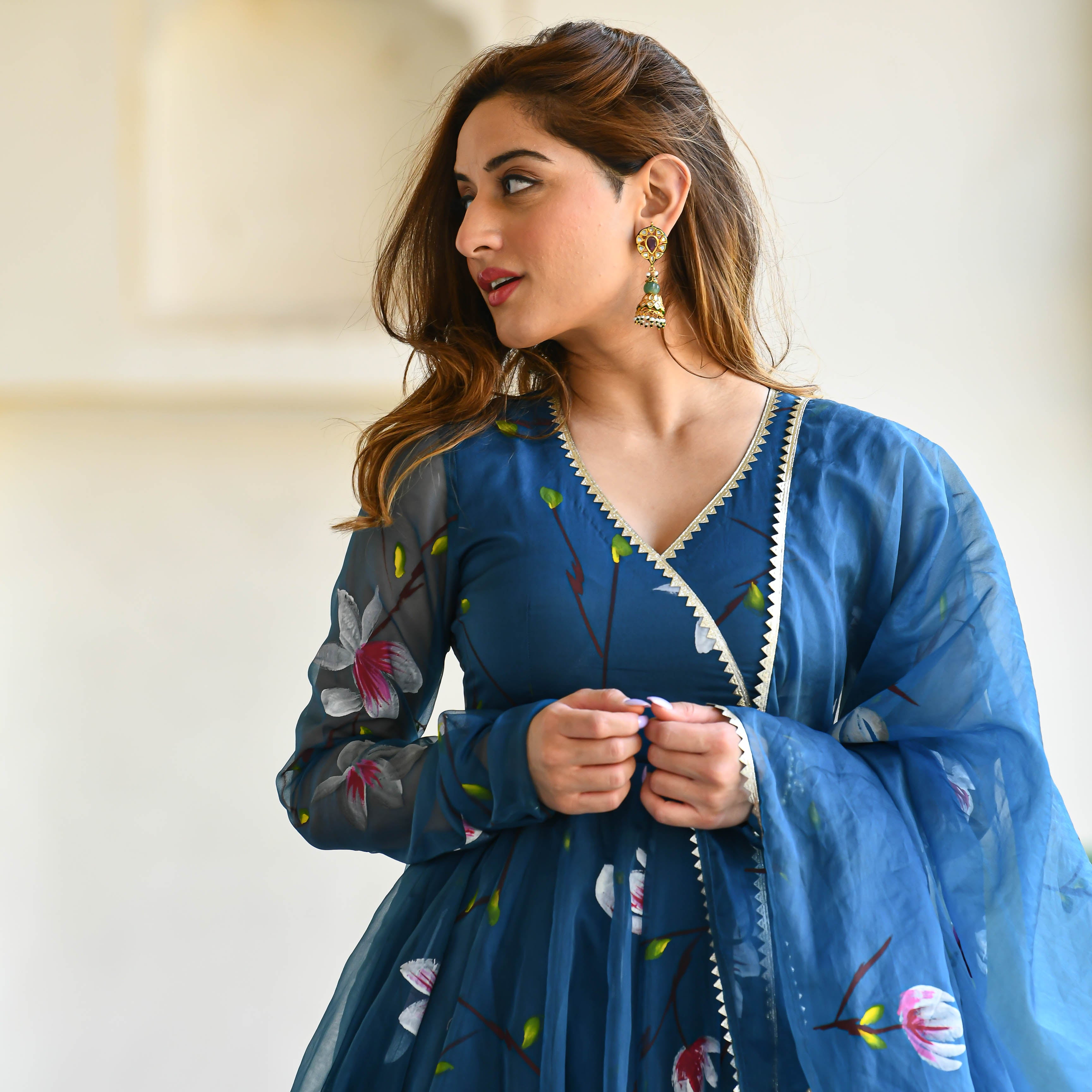 Blueish Designer Handpainted Floral Organza  Suit Set For Women Online