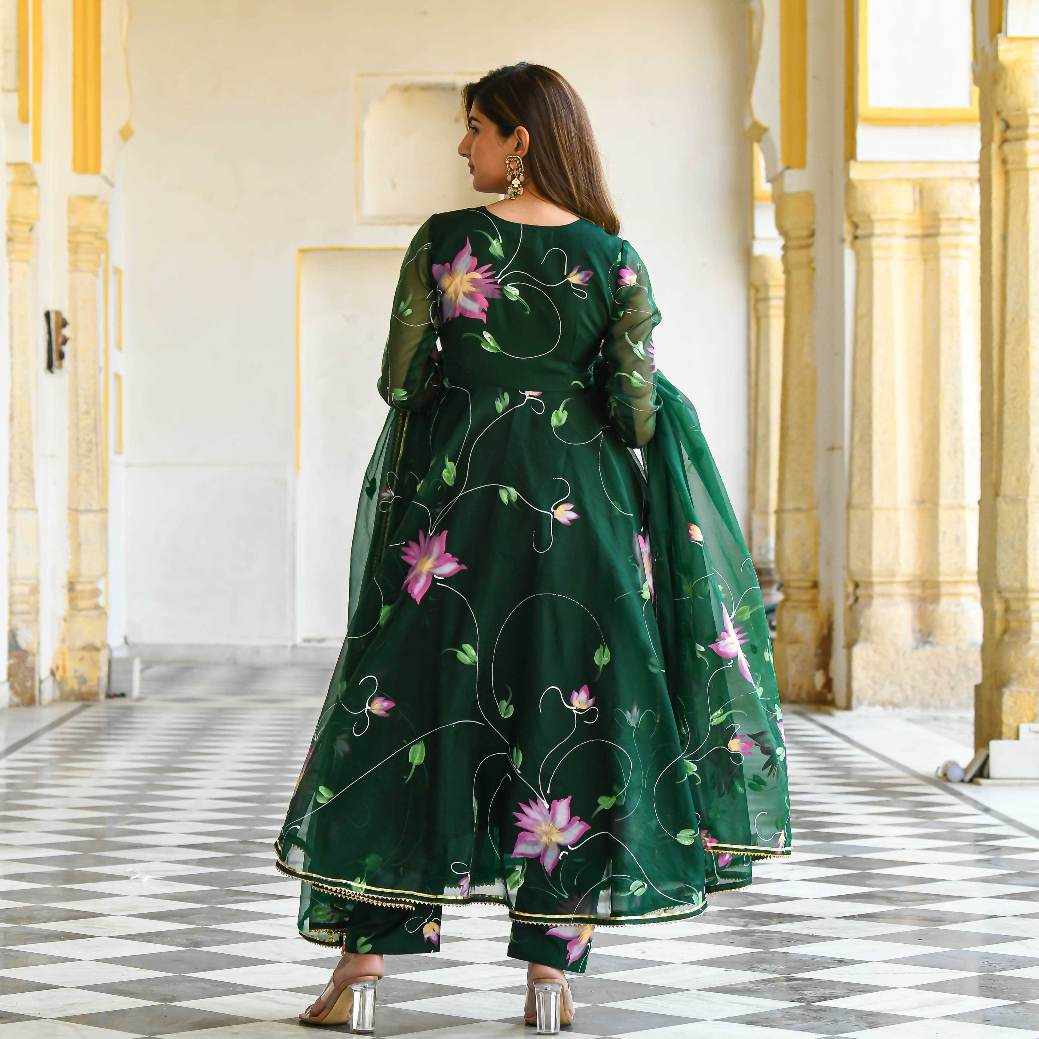 Dark green handpainted suit set for women online 
