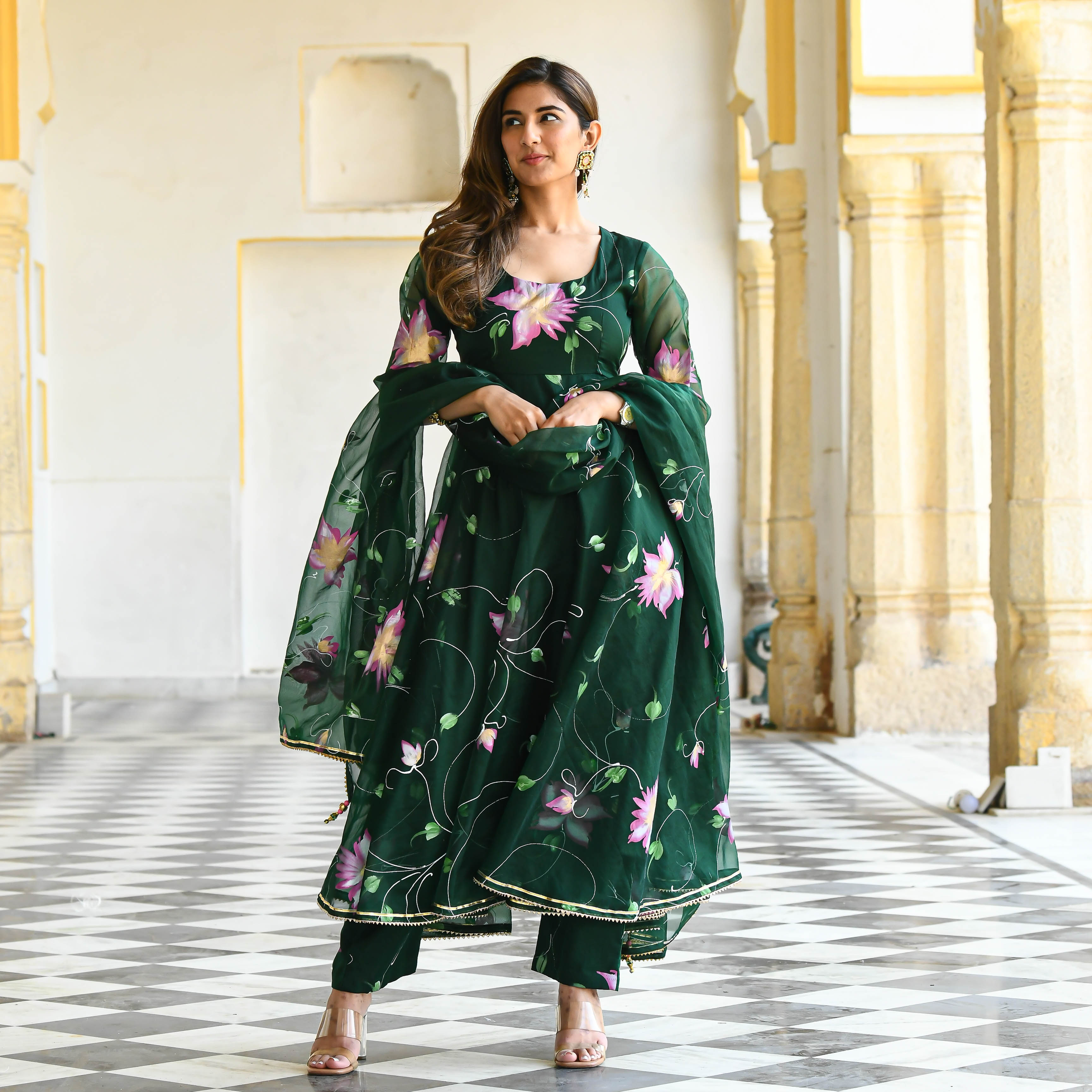 Dark green handpainted suit set for women online 