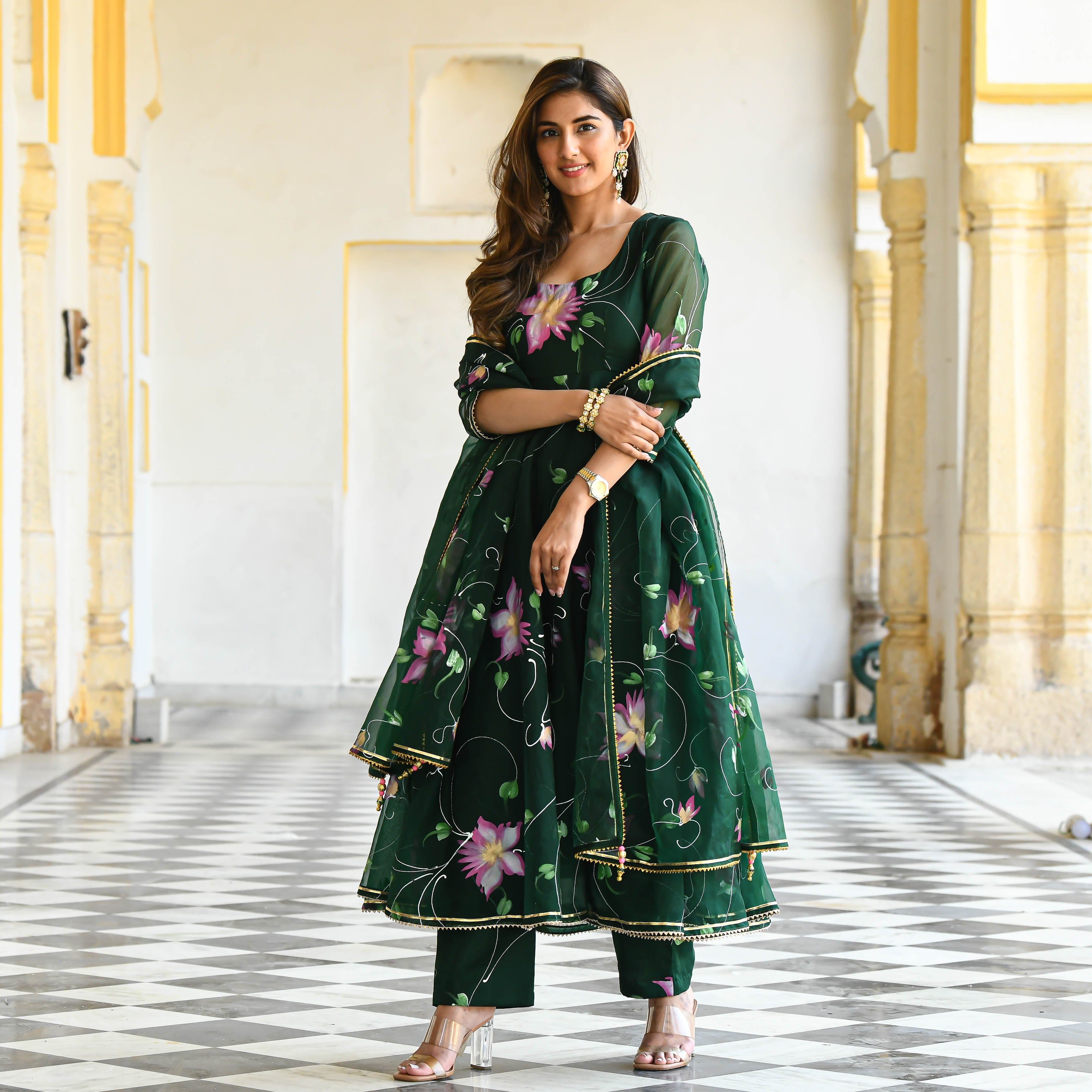 Dark green handpainted suit set for women online 
