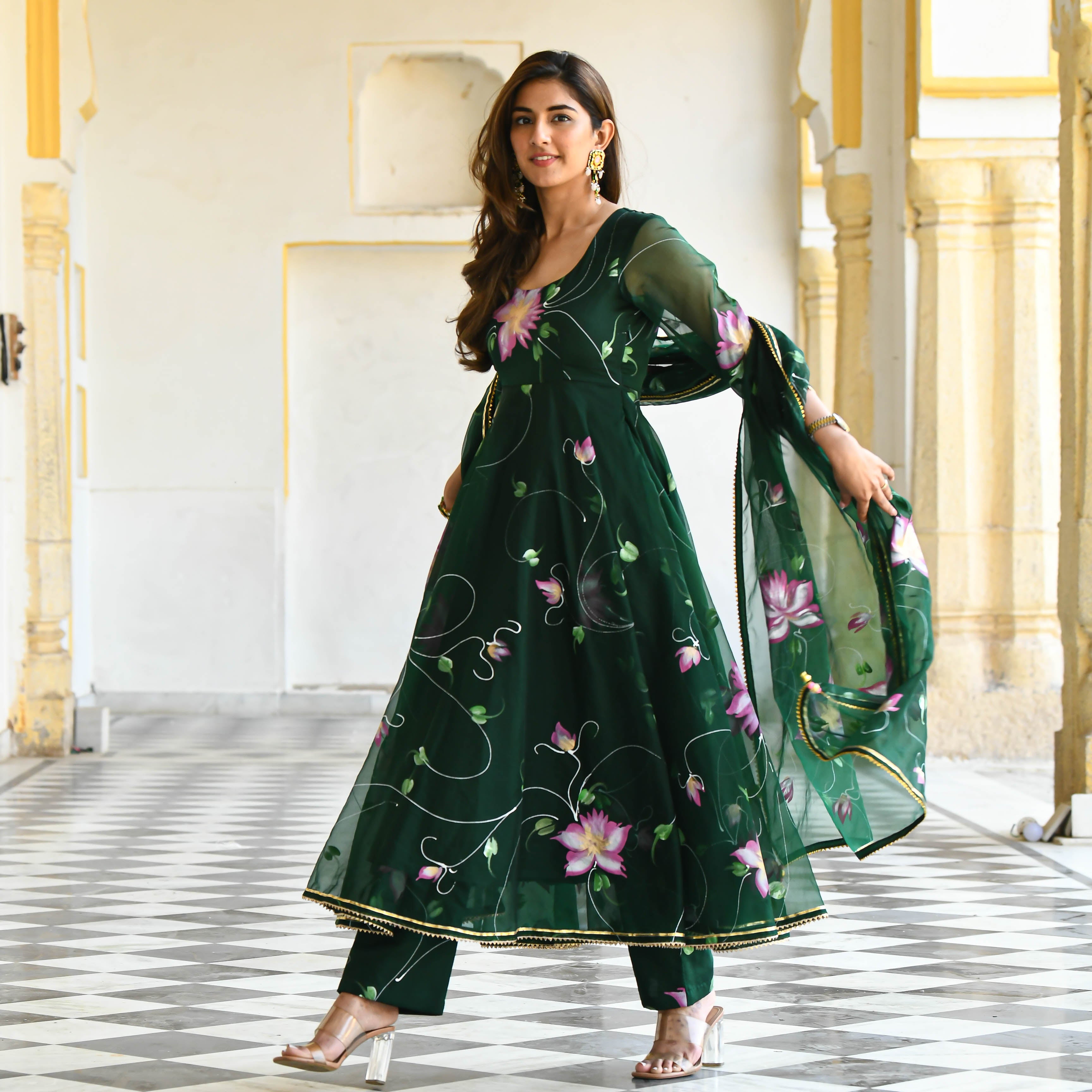 Dark Green Designer Handpainted Floral Organza Suit Set For Women Online