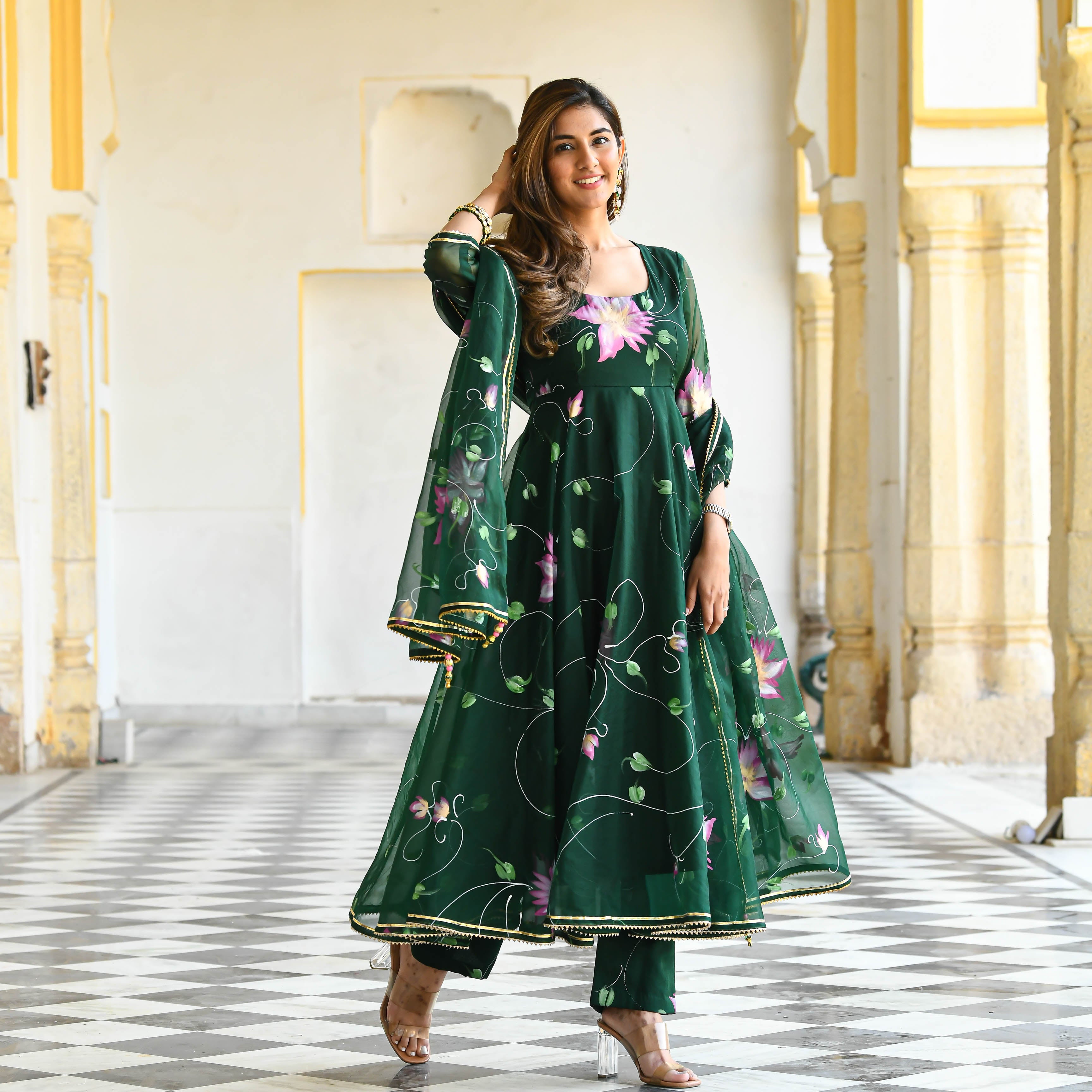 Dark green handpainted suit set for women online 