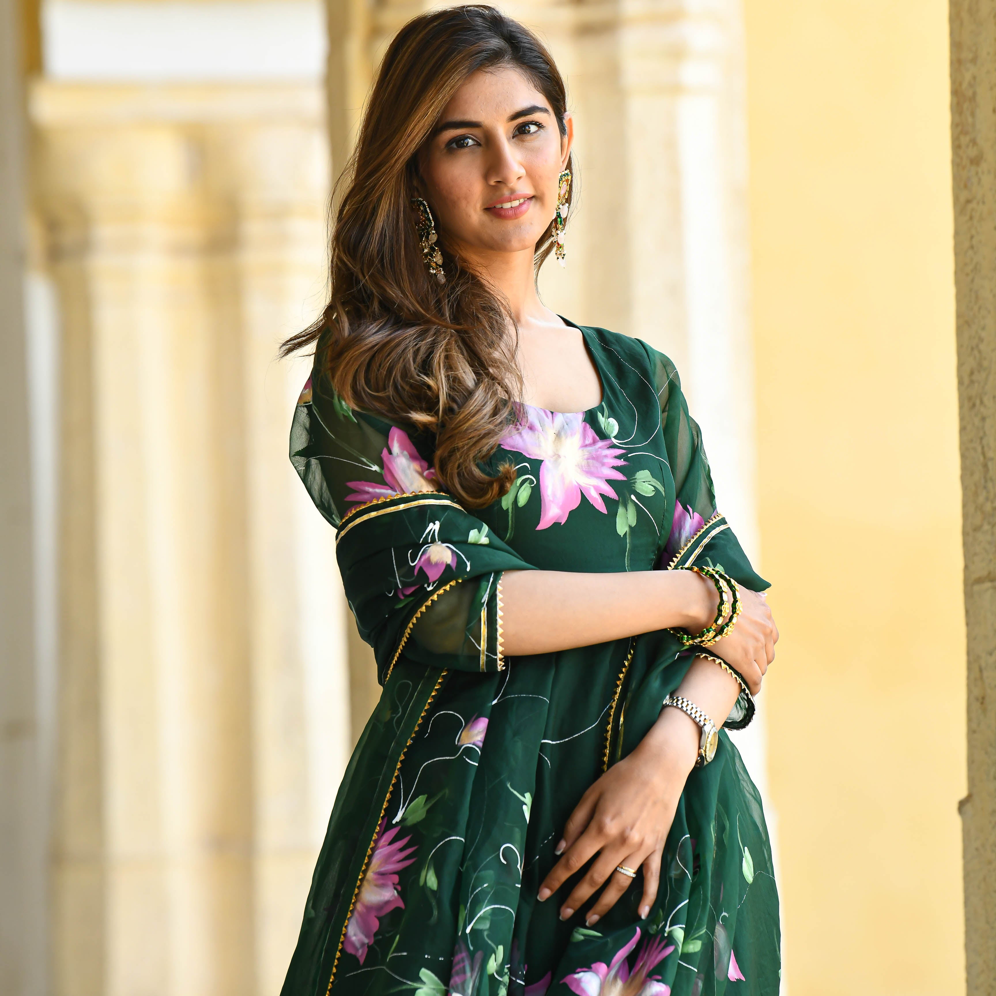 Dark Green Designer Handpainted Floral Organza Suit Set For Women Online