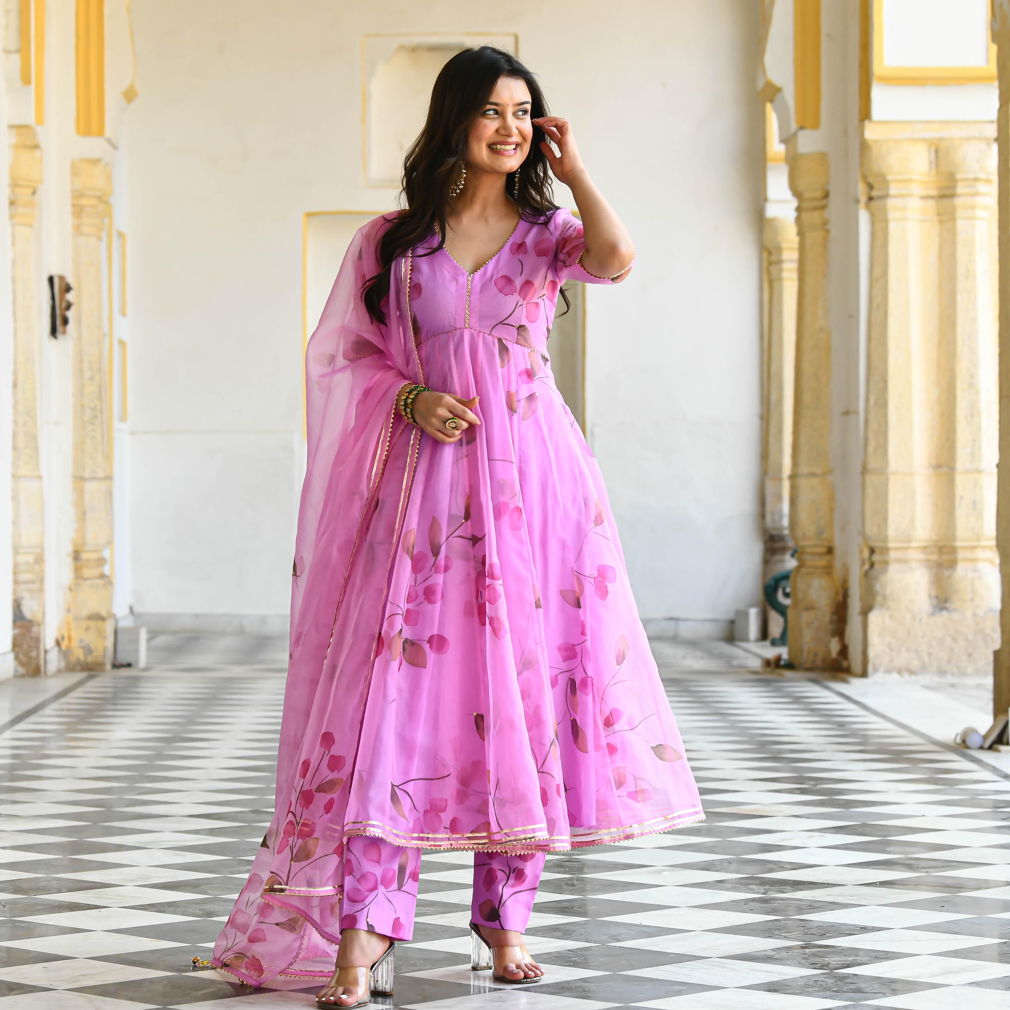 Bright Pink Floral  handpainted suit set for women online 