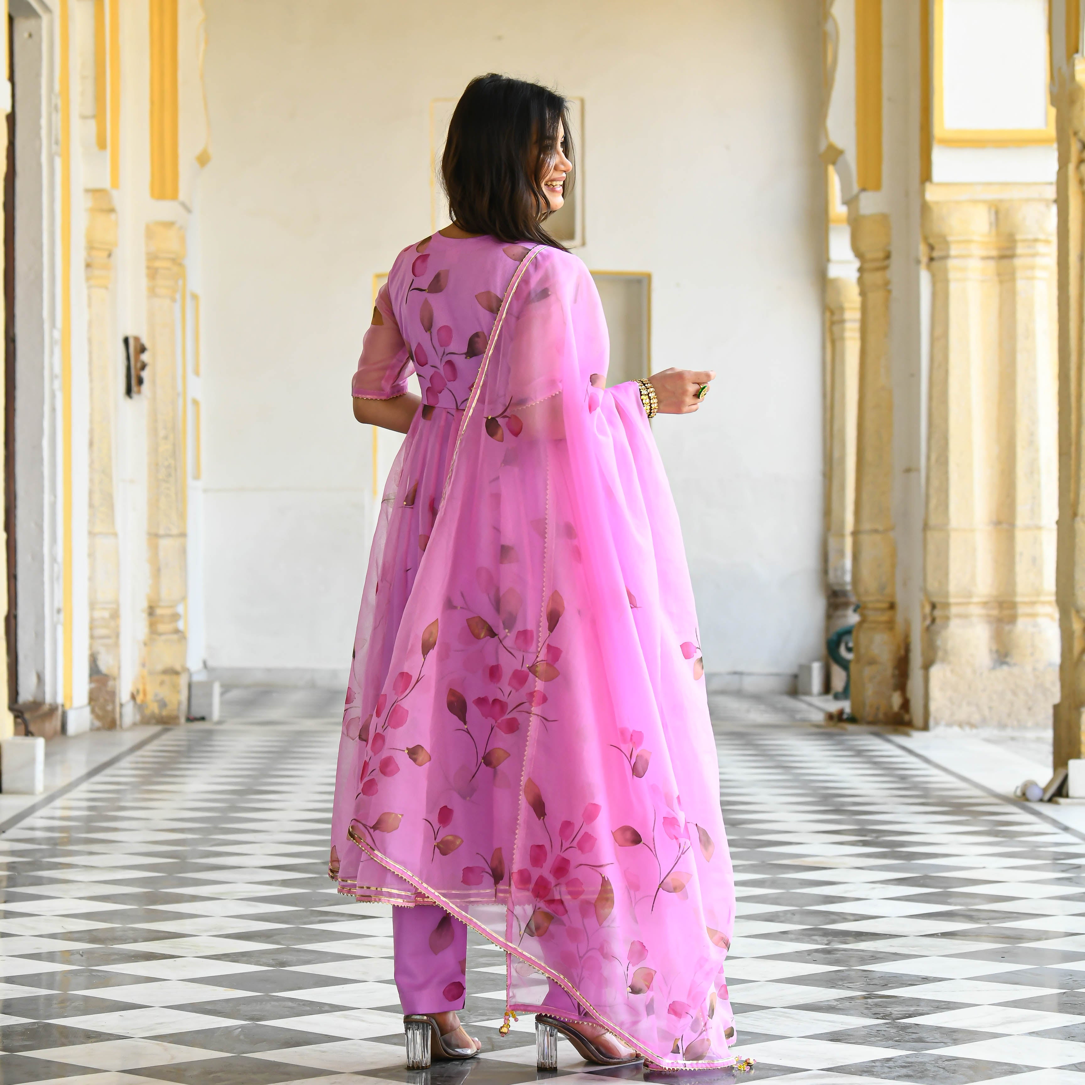 Bright Pink Floral  handpainted suit set for women online 