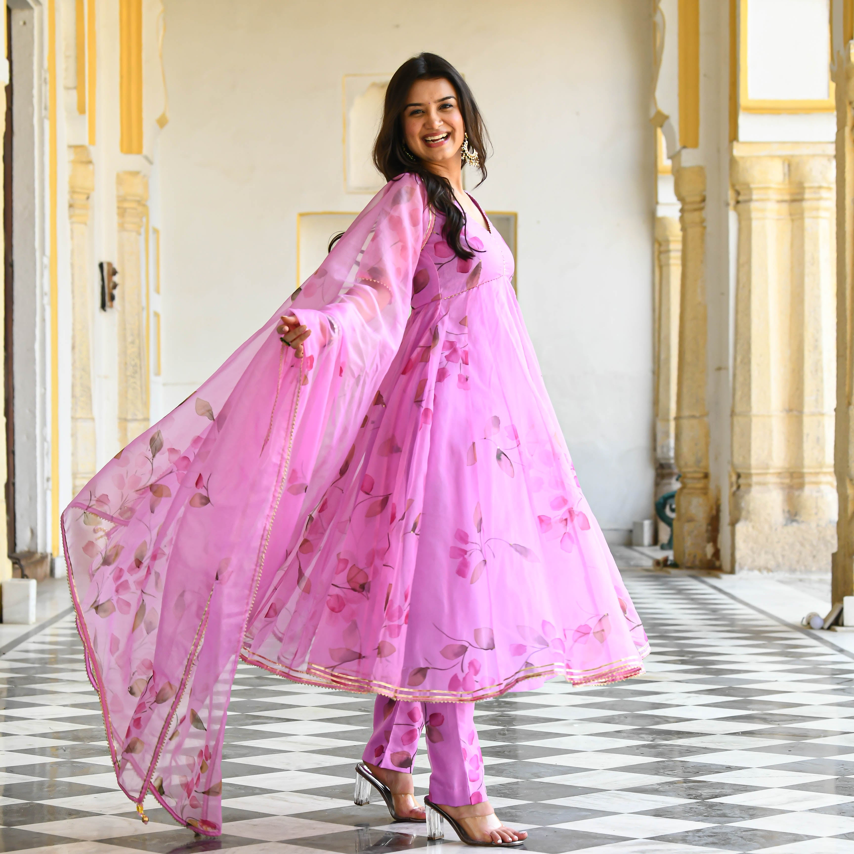 Bright Pink Floral  handpainted suit set for women online 