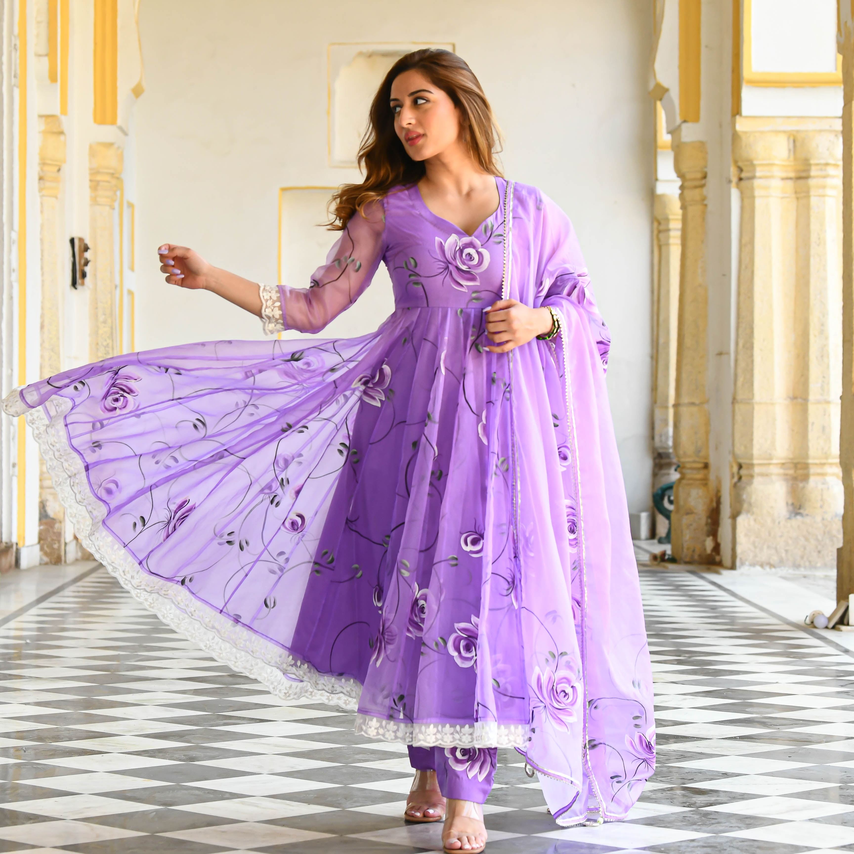 Lavender handpainted suit set for women online 