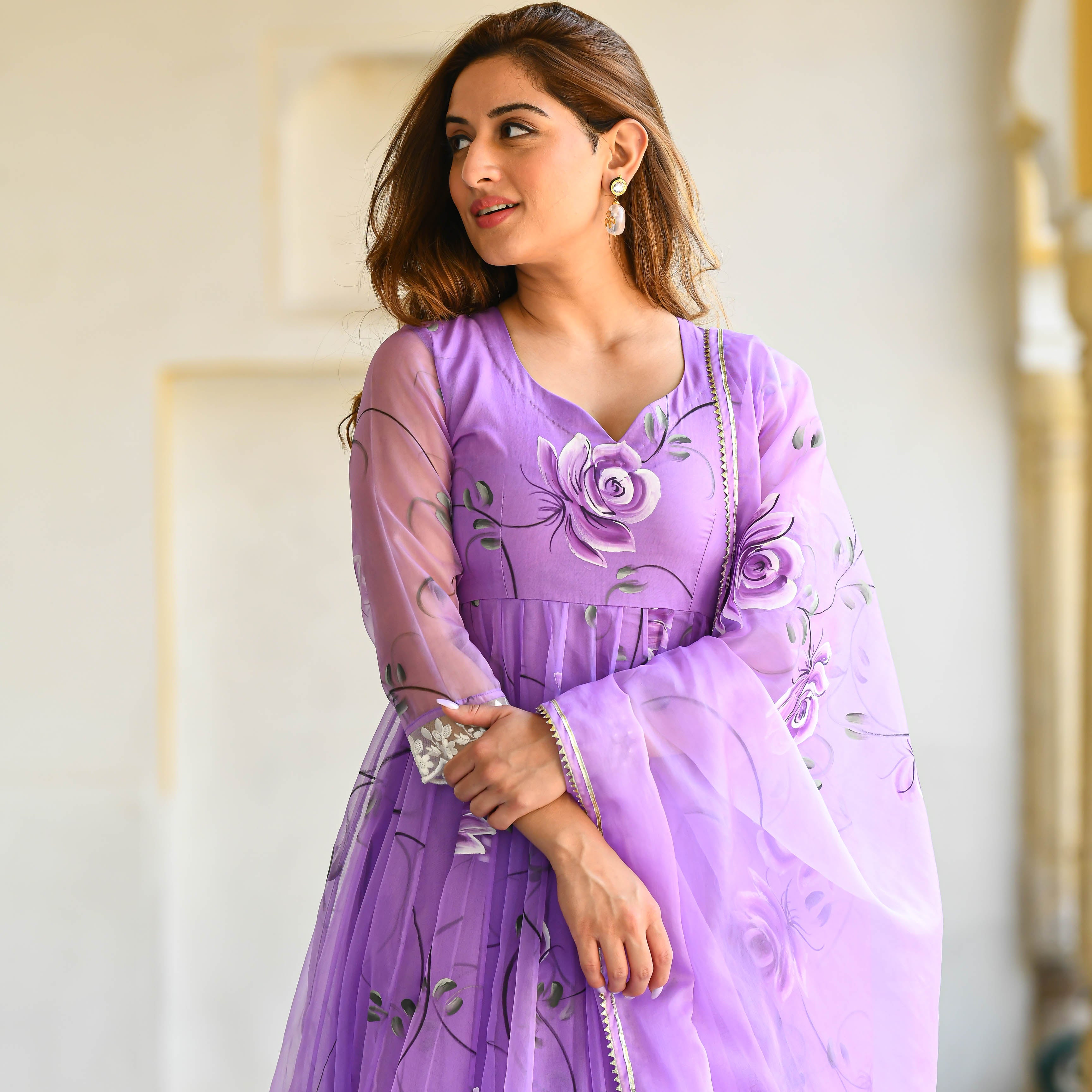 Lavender Designer Handpainted Floral Organza Suit Set For Women Online