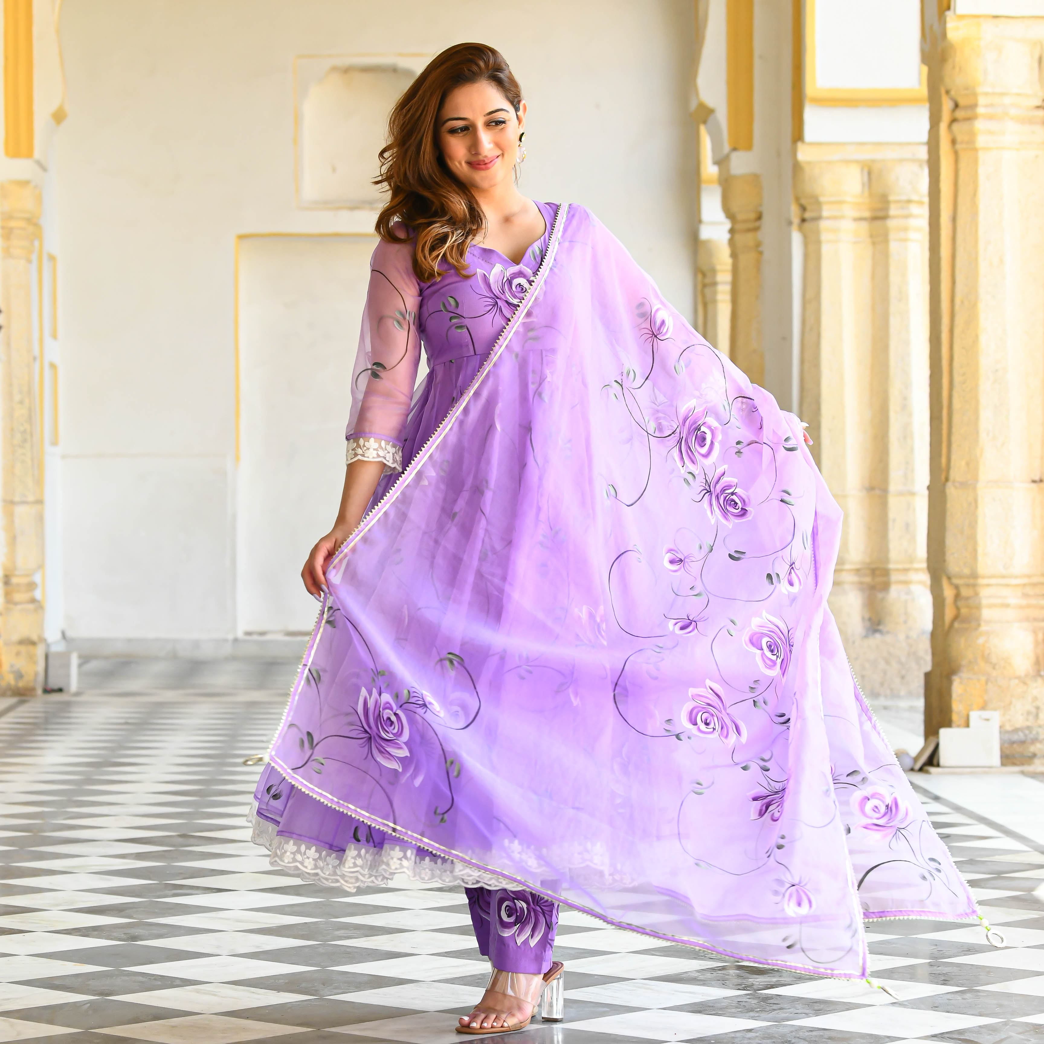 Lavender Designer Handpainted Floral Organza Suit Set For Women Online