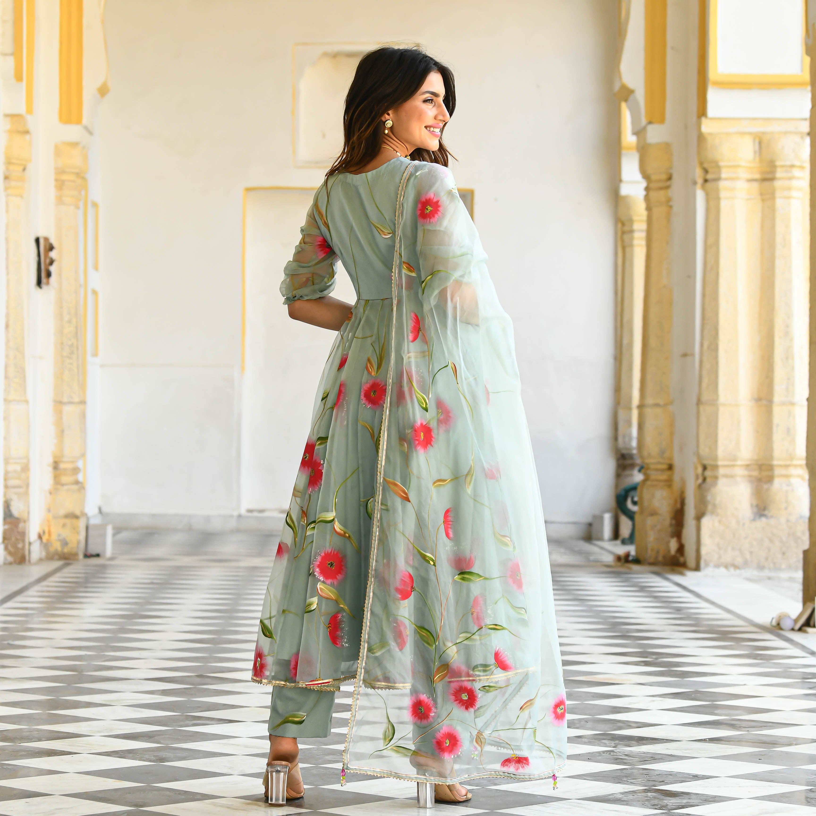 Pista Floral  handpainted suit set for women online 