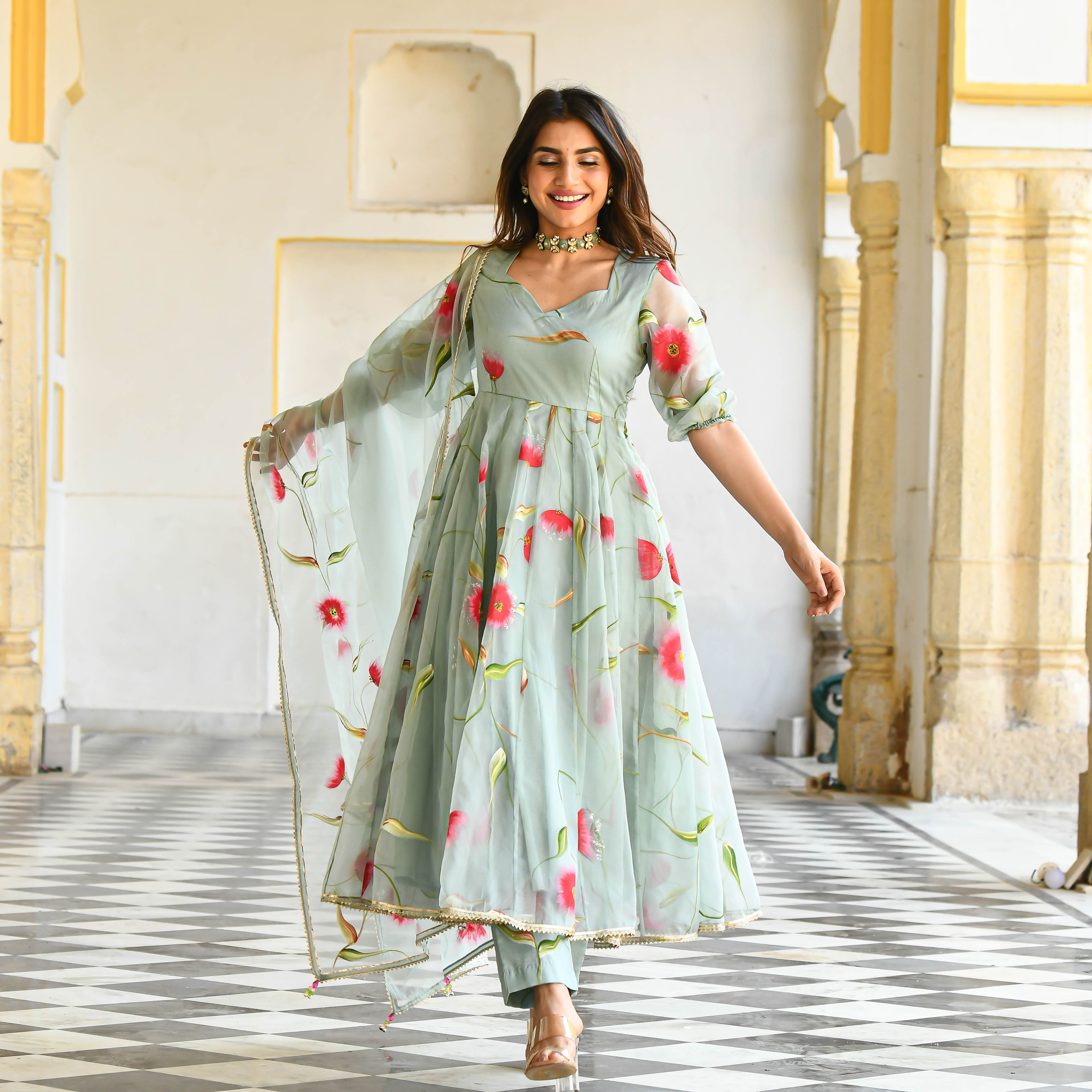 Pista Floral  handpainted suit set for women online 