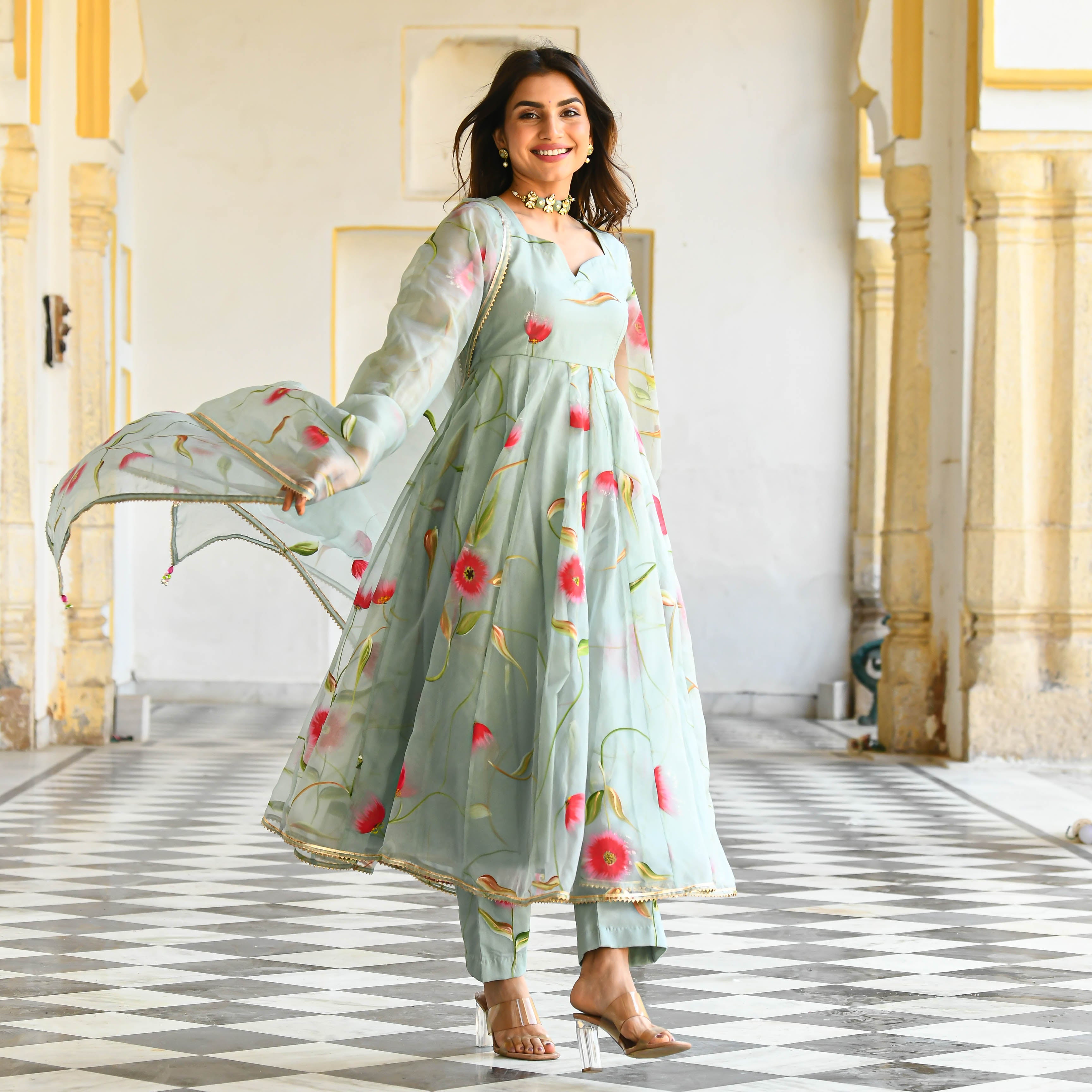 Pista Floral  handpainted suit set for women online 