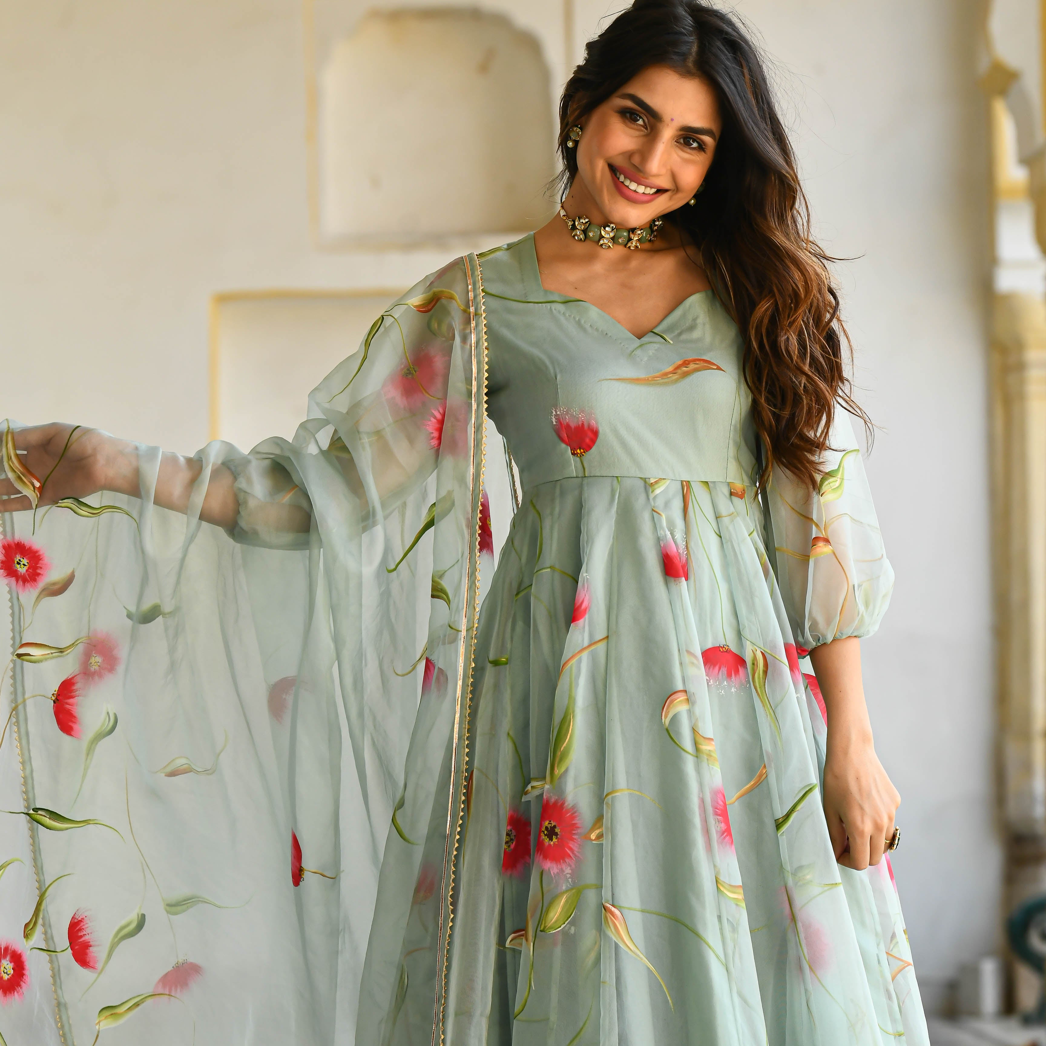 Pista Designer Handpainted Floral Organza Suit Set For Women Online