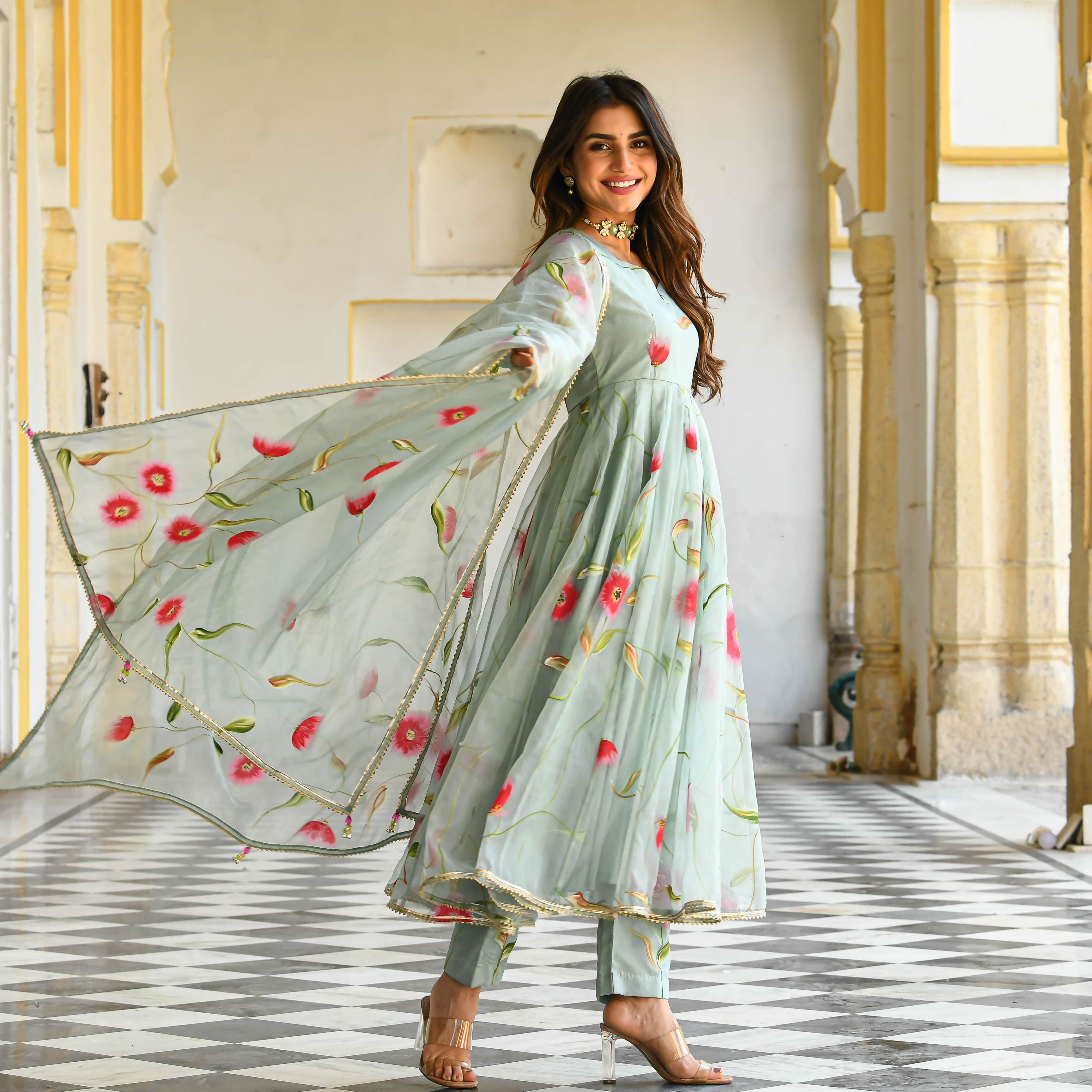 Pista Designer Handpainted Floral Organza Suit Set For Women Online