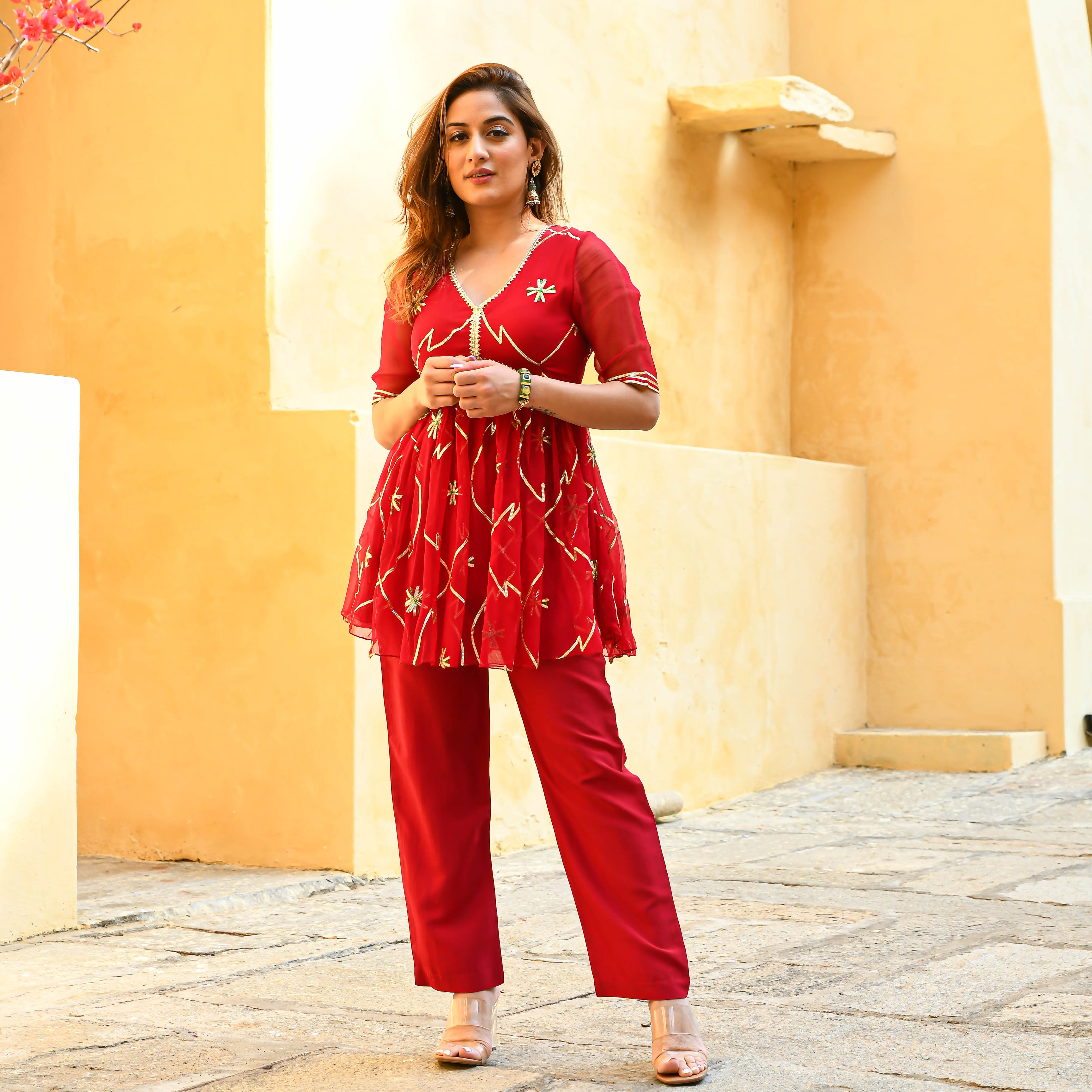 Red Short Kurta and Pants with Gota Work