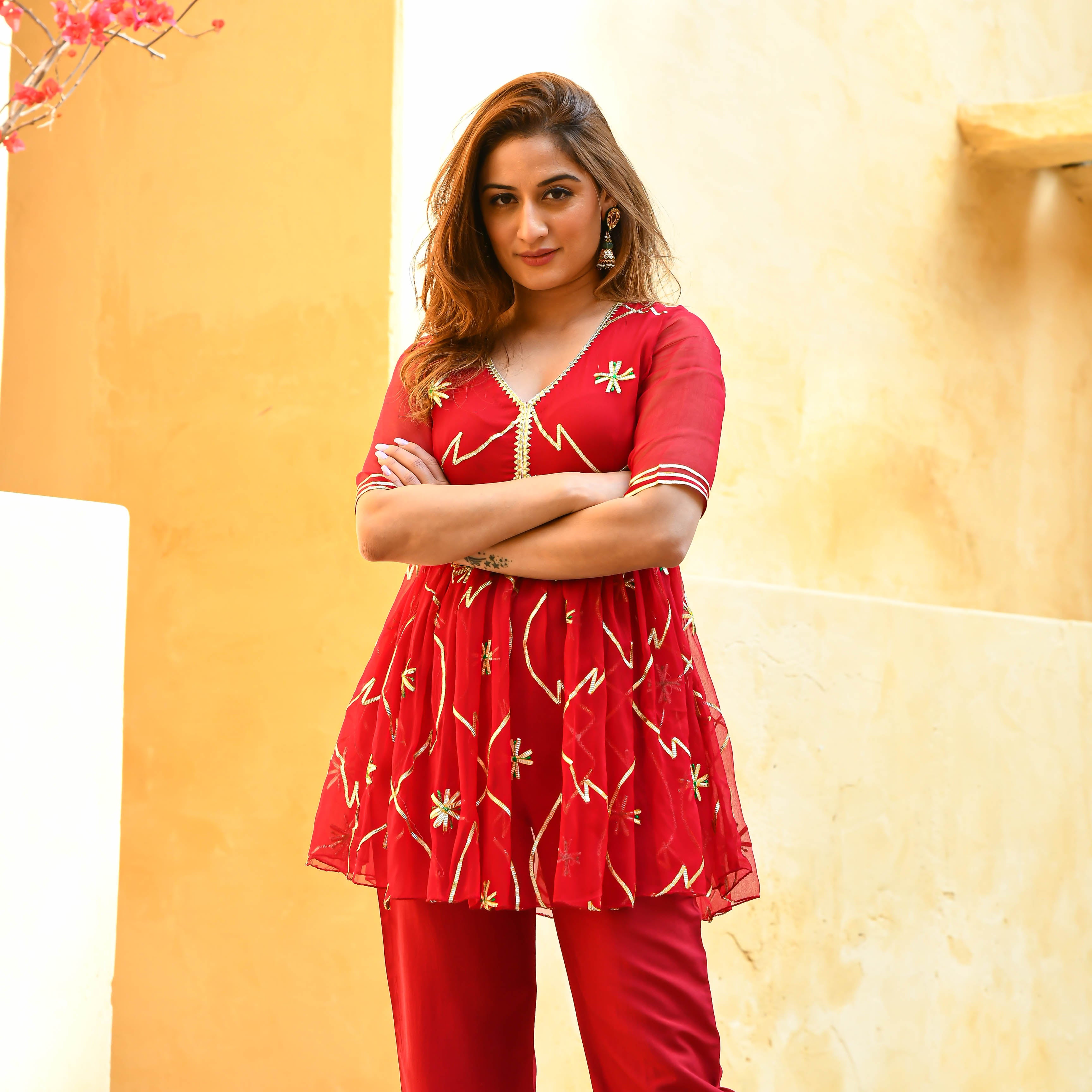 Red Short Kurta and Pants with Gota Work