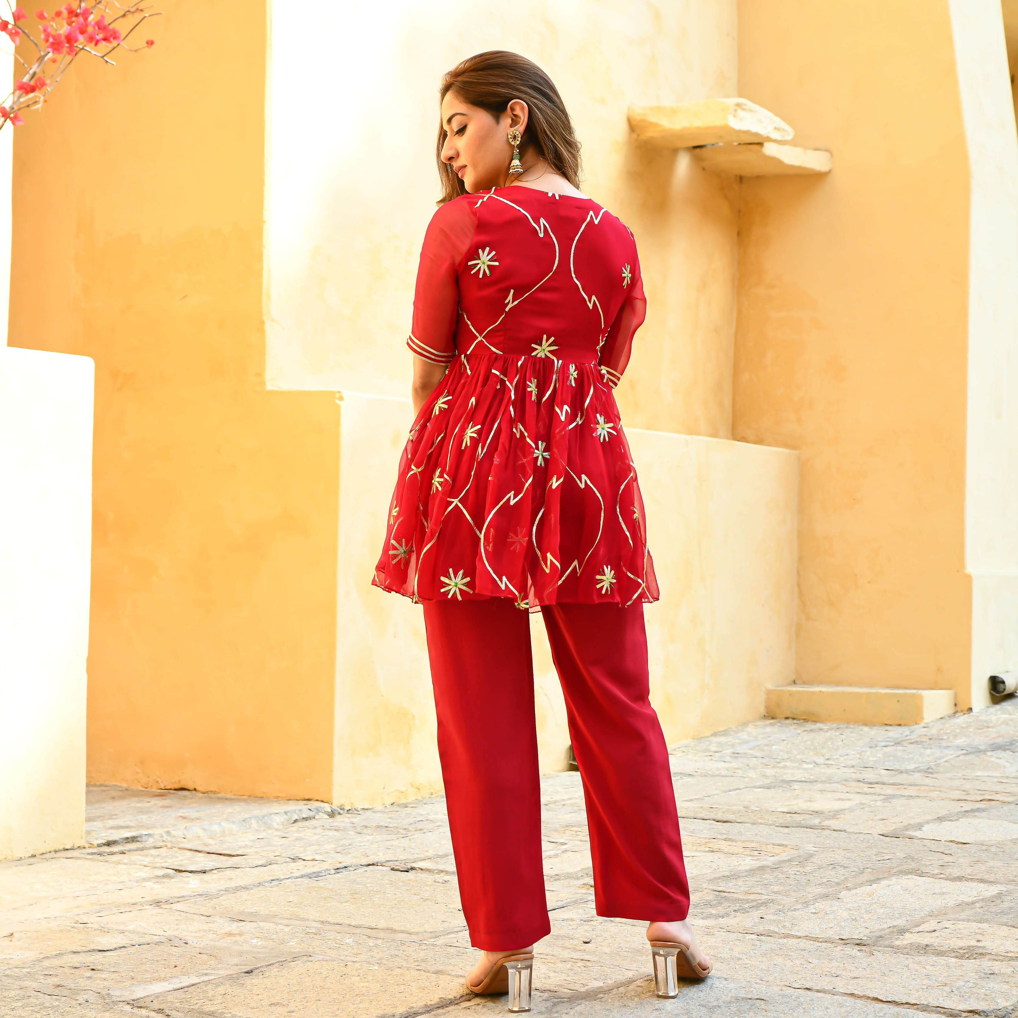 Red Short Kurta and Pants with Gota Work