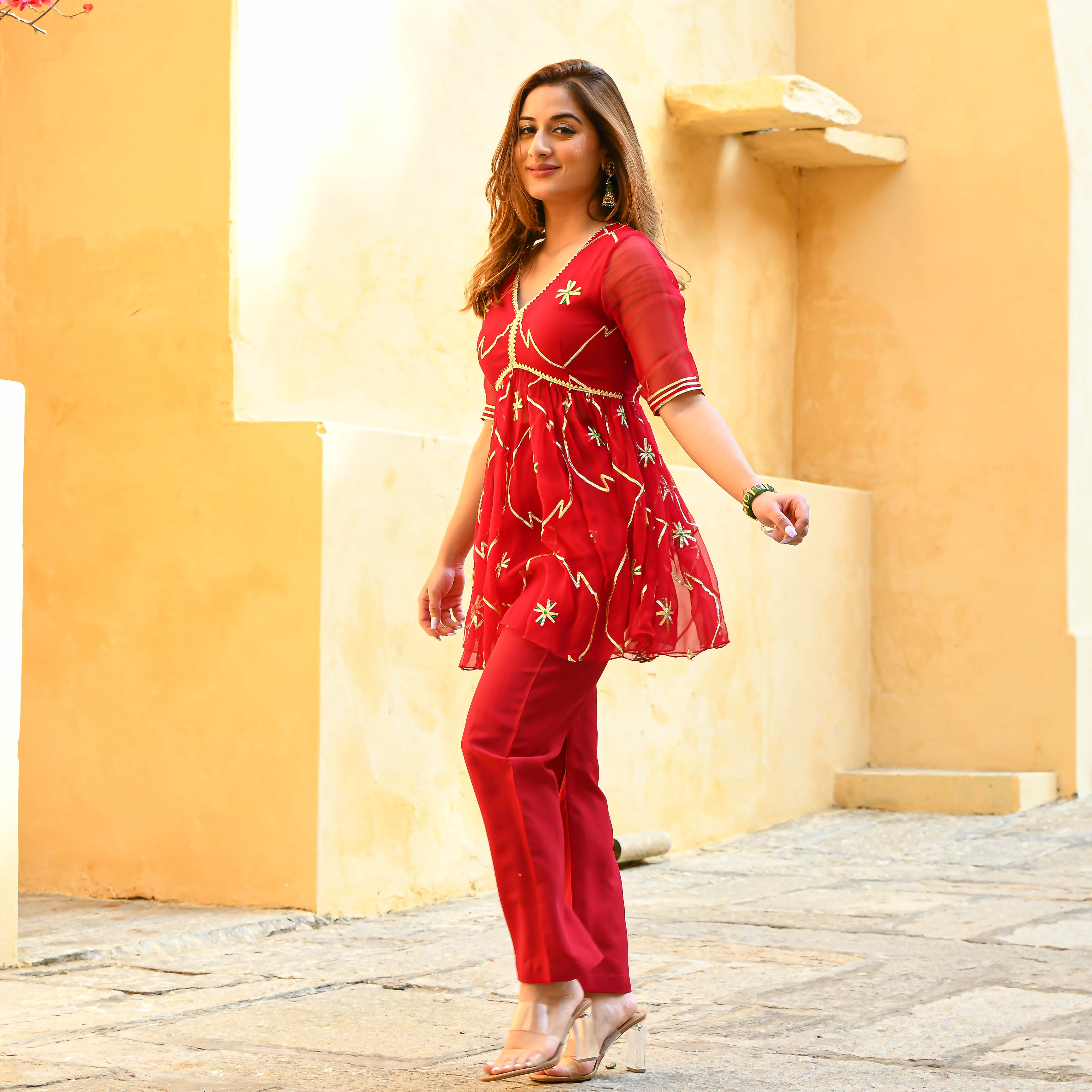 Red Short Kurta and Pants with Gota Work